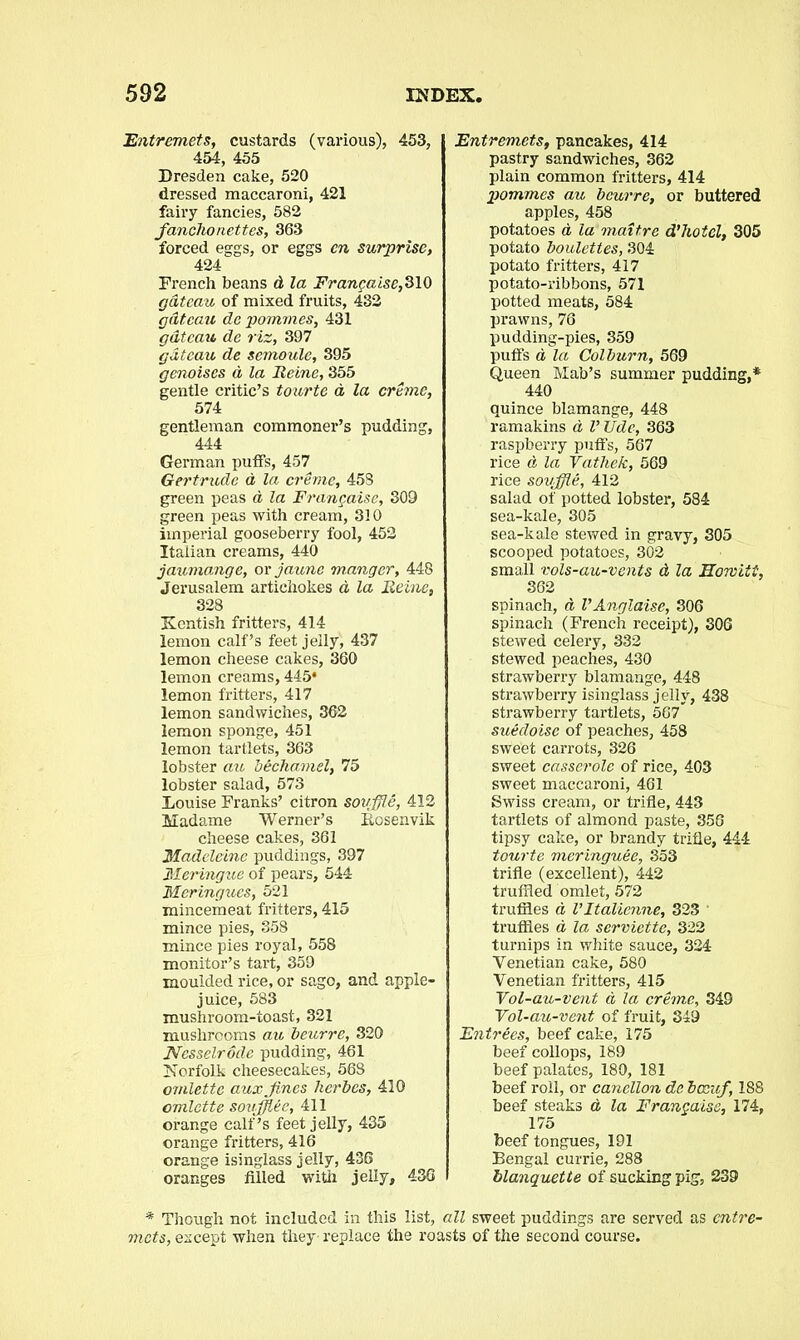 Entremets, custards (various), 453, 454, 455 Dresden cake, 520 dressed maccaroni, 421 fairy fancies, 582 fanchonettes, 363 forced eggs, or eggs cn surprise, 424 French beans d la Frangaise,310 gateau of mixed fruits, 432 gateau de pommes, 431 gateau de riz, 397 gateau de semoule, 395 genoises d la Heine, 355 gentle critic’s tourte d la creme, 574 gentleman commoner’s pudding, 444 German puffs, 457 Gertrude d la creme, 458 green peas d la Frangaise, 309 green peas with cream, 310 imperial gooseberry fool, 452 Italian creams, 440 jaumange, ovjaune manger, 448 Jerusalem artichokes a la Heine, 328 Kentish fritters, 414 lemon calf’s feet jelly, 437 lemon cheese cakes, 360 lemon creams, 445* lemon fritters, 417 lemon sandwiches, 362 lemon sponge, 451 lemon tartlets, 363 lobster an bechamel, 75 lobster salad, 573 Louise Franks’ citron souffle, 412 Madame Werner’s Itosenvik cheese cakes, 361 Madeleine puddings, 397 Meringue of pears, 544 Meringues, 521 mincemeat fritters, 415 mince pies, 358 mince pies royal, 558 monitor’s tart, 359 moulded rice, or sago, and apple- juice, 583 mushroom-toast, 321 mushrooms au beurre, 320 Nesselrode pudding, 461 Norfolk cheesecakes, 568 omlettc aux,fines lierbes, 410 omlctte soufflee, 411 orange calf’s feet jelly, 435 orange fritters, 416 orange isinglass jelly, 436 oranges filled with jelly, 436 Entremets, pancakes, 414 pastry sandwiches, 362 plain common fritters, 414 pommes au beurre, or buttered apples, 458 potatoes d la maitre d’hotel, 305 potato boulettes, 304 potato fritters, 417 potato-ribbons, 571 potted meats, 584 prawns, 76 pudding-pies, 359 puffs d la Colburn, 569 Queen Mab’s summer pudding,* 440 quince blamange, 448 ramakins d V Tide, 363 raspberry puffs, 567 rice d la Vathek, 569 rice souffle, 412 salad of potted lobster, 584 sea-kale, 305 sea-kale stewed in gravy, 305 scooped potatoes, 302 small vols-au-vents d la Howitt, 362 spinach, d VAnglaise, 306 spinach (French receipt), 306 stewed celery, 332 stewed peaches, 430 strawberry blamange, 448 strawberry isinglass jelly, 438 strawberry tartlets, 567 suedoise of peaches, 458 sweet carrots, 326 sweet casserole of rice, 403 sweet maccaroni, 461 Swiss cream, or trifle, 443 tartlets of almond paste, 356 tipsy cake, or brandy trifle, 444 tourte meringuee, 353 trifle (excellent), 442 truffled omlet, 572 truffles a Vltalienne, 323 ' truffles a la serviette, 322 turnips in white sauce, 324 Venetian cake, 580 Venetian fritters, 415 Vol-au-vent d la creme, 349 Vol-au-vetit of fruit, 349 Entrees, beef cake, 175 beef collops, 189 beef palates, 180, 181 beef roll, or cancllon de boauf, 188 beef steaks d la Frangaise, 174, 175 beef tongues, 191 Bengal currie, 288 blanquette of sucking pig, 239 * Though not included in this list, all sweet puddings are served as entre- mets, except when they replace the roasts of the second course.