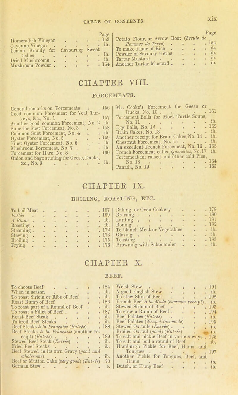 Horseradish Vinegar Cayenne Vinegar . Lemon Brandy for Dishes Dried Mushrooms . Mushroom Powder . Page . 153 . . . . ib. flavouring Sweet . . . . ib. . ib. . . . . 154 Page Potato Flour, or Arrow Root (Fecule de Fommes de Terre) .... 154 To make Flour of Rice . . . . ib. Powder of Savoury Herbs . . . ib. Tartar Mustard ;b- Another Tartar Mustard . . . . ib. CHAPTER Yin. FORCEMEATS. General remarks on Forcemeats . . 156 Good common Forcemeat for Veal, Tur- keys, &c., No. 1 157 Another good common Forcemeat, No. 2 ib. Superior Suet Forcemeat, No. 3 . . 158 Common Suet Forcemeat, No. 4 . . ib. Oyster Forcemeat, No. 5 . . .159 Finer Oyster Forcemeat, No. 6 . . ib. Mushroom Forcemeat, No. 7 . . . ib. Forcemeat for Hare, No. 8 160 Onion and Sage stufling for Geese, Ducks, &c., No. 9 ib. Mr. Cooke’s Forcemeat for Geese or Ducks, No. 10 101 Forcemeat Balls for Mock Turtle Soups, No. 11 ib. Egg Balls, No. 12 162 Brain Cakes, No. 13 .... ib. Another receipt for Brain Cakes,No. 14 . ib. Chestnut Forcemeat, No. 15 . . . ib. An excellent French Forcemeat, No. 16 . 163 French Forcemeat, called Quenelles, No. 17 ib. Forcemeat for raised and other cold Pies, No. 18 164 Panada, No. 19 165 CHAPTER IX. To boil Meat Foetee A Blanc . Roasting . Steaming . Stewing . Broiling . Frying BOILING, ROASTING, ETC. . 167 . 169 . ib. . ib. . 172 . 173 . . 175 . 176 Baking, or Oven Cookery . Braising Larding Boning To blanch Meat or Vegetables Glazing Toasting Browning with Salamander . 178 180 181 182 ib. ib. 163 ib. CHAPTER X. BEEF. To choose Beef . . . . .184 When in season ib. To roast Sirloin or Ribs of Beef . . ib. Roust Ramp of Beef .... 186 To roast part of a Round of Beef . . ib. To roast a Fillet of Beef .... 187 Roast Beef Steak ib. To broil Beef Steaks .... ib. Beef Steaks & la Frangaise (Entree) . 188 Beef Steaks a la Framjaise (another re- ceipt) (Entree) 189 Stewed Beef Steak (Entr6e) . . . ib. Fried Beef Steaks ib. Beef Stewed in its own Gravy (good and wholesome) ib. Beef or Mutton Cake (very good) (Entree) 31) German Stew j. Welsh Stew 191 A good English Stew .... ib. To stew Shin of Beef .... 192 French Beef a la Mode (common receipt). ib. Stewed Sirloin of Beef .... 193 To stew a Rump of Beef .... 184 Beef Palates (Entree) .... ib. Beef Palates (Neapolitan mode) . .195 Stewed Ox-tails (Entree) .... ib. Broiled Ox-tail (good) (Entr(e) . ib. To salt and pickle Beef in various ways . 186 To salt and boil a round of Beef . . ib. Hamburgh Piclde for Beef, Hams, and Tongues 197 Another Pickle for Tongues, Beef, anil Hams ib. Dutch, or Hung Beef . . . . ib.