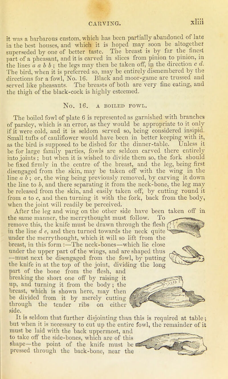 it was a barbarous custom, which has been partially abandoned of late in the best houses, and which it is hoped may soon he altogether superseded by one of better taste. The breast is by far the finest part of a pheasant, and it is carved in slices from pinion to pinion, in the lines a a b b ; the legs may then be taken off, in the direction c d. The bird, when it is preferred so, may be entirely dismembered by the directions for a fowl, No. 16. Black and moor-game are trussed and served like pheasants. The breasts of both are very fine eating, and the thigh of the black-cock is highly esteemed. No. 16. A BOILED FOWL. The boiled fowl of plate 6 is represented as garnished with branches of parsley, which is an error, as they would be appropriate to it only if it were cold, and it is seldom served so, being considered insipid. Small tufts of cauliflower would have been in better keeping with it, as the bird is supposed to be dished for the dinner-table. Unless it be for large family parties, fowls ai-e seldom carved there entirely into joints; but when it is wished to divide them so, the fork should be fixed firmly in the centre of the breast, and the leg, being first disengaged from the skin, may be taken off with the wing in the line a b \ or, the wing being previously removed, by carving it down the line to b, and there separating it from the neck-bone, the leg may be released from the skin, and easily taken off, by cutting round it from a to c, and then turning it with the fork, back from the body, when the joint will readily be perceived. After the leg and -wing on the other side have been taken off in the same manner, the merrythought must follow. To remove this, the knife must be drawn through the flesh in the line d e, and then turned towards the neck quite under the merrythought, which it will so lift from the breast, in this form :—The neck-bones—which lie close under the upper part of the wings, and are shaped thus —must next be disengaged from the fowl, by putting the knife in at the top of the joint, dividing the long part of the bone from the flesh, and breaking the short one off by raising it up, and turning it from the body; the breast, which is shown here, may then be divided from it by merely cutting through the tender ribs on either side. It is seldom that further disjointing than this is required at table; but when it is necessary to cut up the entire fowl, the remainder of it must be laid with the back uppermost, and to take off the side-bones, which are of this shape—the point of the knife must be pressed through the back-bone, near the