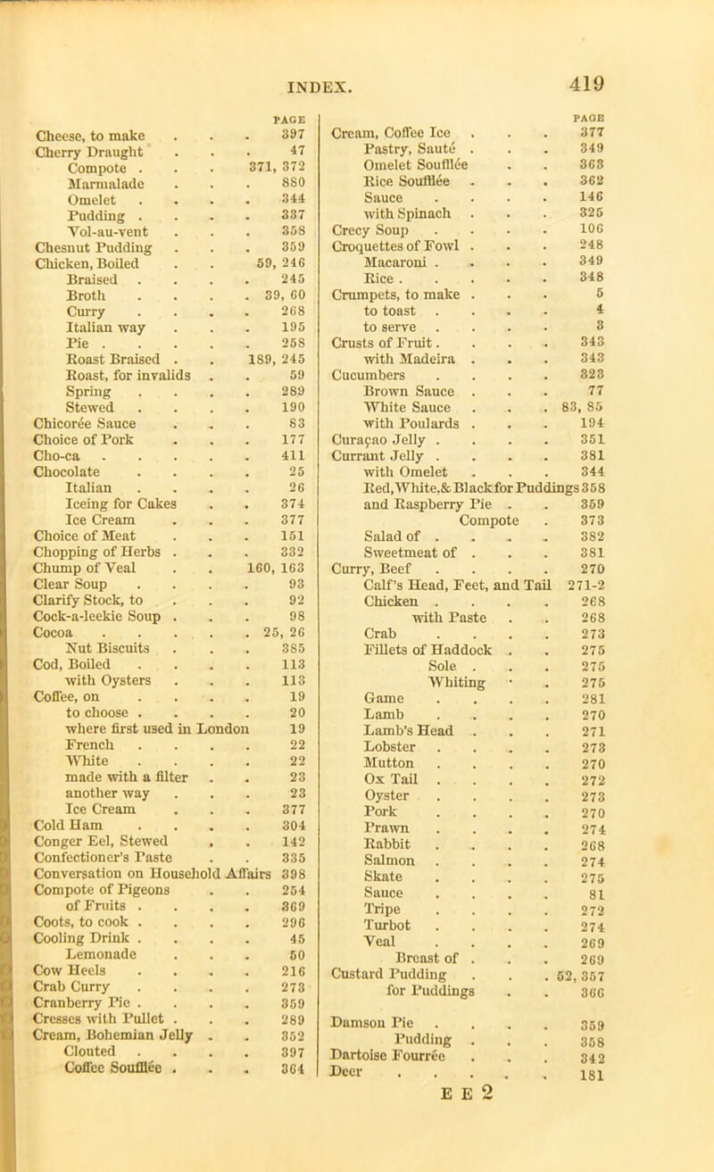 FACE PAGE Cheese, to make 397 Cream, Coffee Ice 377 Cherry Draught 47 Pastry, Saute . 349 Compote . 371, 372 Omelet Soufllee 363 Marmalade 880 Bice Soufllee 362 Omelet 344 Sauce 146 Pudding . 337 with Spinach . 325 Vol-au-vent 358 Crecy Soup 106 Chesnut Pudding 359 Croquettes of Fowl . 248 Chicken, Boiled 59, 246 Macaroni . 349 Braised 245 Bice .... 348 Broth . 39, CO Crumpets, to make . 5 Curry 268 to toast . 4 Italian way 195 to serve 3 Pie . 25S Crusts of Fruit. 343 Boast Braised . 189, 245 with Madeira . 343 Boast, for invalids 59 Cucumbers 323 Spring 289 Brown Sauce . 77 Stewed 190 White Sauce 83, 85 Chicoree Sauce 83 with Poulards . 194 Choice of Pork 177 Cura9ao Jelly . 351 Cho-ca 411 Currant Jelly . 381 Chocolate 25 with Omelet 344 Italian 26 Bed, White,& Black for Puddings 358 Iceing for Cakes . 374 and Baspberry Pie . 359 Ice Cream 377 Compote 373 Choice of Meat 151 Salad of . 382 Chopping of Herbs . 332 Sweetmeat of . 381 Chump of Veal 160, 163 Curry, Beef 270 Clear Soup 93 Calf’s Head, Feet, and Tail 271-2 Clarify Stock, to 92 Chicken . 268 Cock-a-leekie Soup . 98 with Paste 268 Cocoa . 25, 26 Crab 273 Nut Biscuits 385 Fillets of Haddock . 275 Cod, Boiled 113 Sole . 275 with Oysters 113 Whiting 275 Coffee, on 19 Game 281 to choose . 20 Lamb 270 where first used in London 19 Lamb’s Head 271 French 22 Lobster 273 White 22 Mutton 270 made with a filter 23 Ox Tail . 272 another way 23 Oyster 273 Ice Cream 377 Pork 270 Cold Ham 304 Prawn 274 Conger Eel, Stewed 142 Babbit- 268 Confectioner’s Taste 335 Salmon 274 Conversation on Household Affairs 398 Skate 275 Compote of Pigeons 254 Sauce 81 of Fruits . 369 Tripe 272 Coots, to cook . 296 Turbot 274 Cooling Drink . 45 Veal 269 Lemonade 50 Breast of . 269 Cow Heels 216 Custard Pudding 62, 357 Crab Curry . 273 for Puddings 366 Cranberry Pie . 359 Cresses with Pullet . 289 Damson Pie 359 Cream, Bohemian Jelly 352 Pudding . 358 Clouted 397 Dartoise Fourree 342 Coffee Soufllee . . 364 Deer .... 181 E E 2