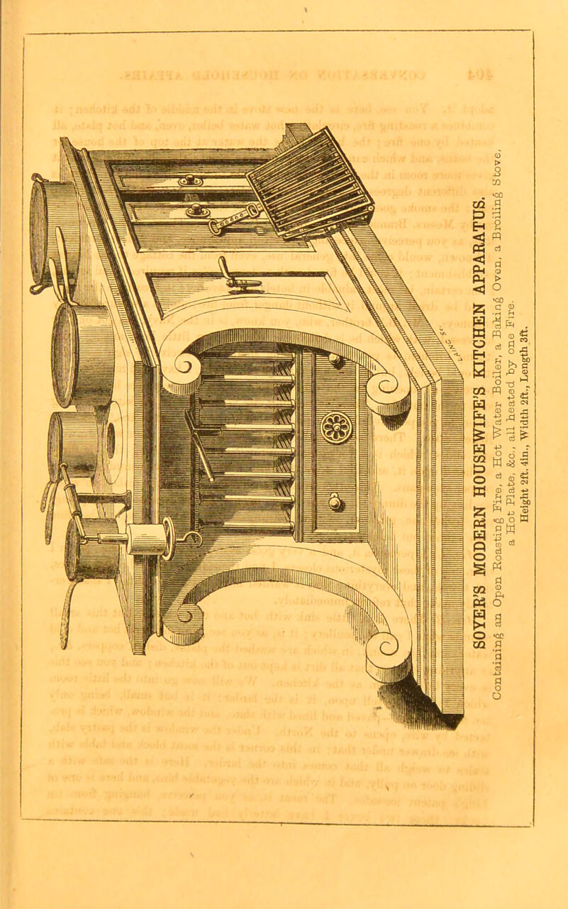 SOYER’S MODERN HOUSEWIFE’S KITCHEN APPARATUS. Containing an Open Roasting Fire, a Hot Water Boiler, a Bating Oven, a Broiling Stove, a Hot Plate, &c., all heated by one Fire. Height 2ft. 4in„ Width 2ft., Length 3ft.