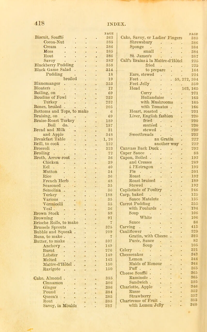 PACE PACE Biscuit, Souffle . 3G3 Cake, Savoy, or Ladies’ Fingers 383 Cocoa-Nut 385 Shrewsbury 386 Cream 38G Sponge .... 384 Moss 385 small 384 Bout 38G St. James’s 387 Savoy 383 Calf’s Brains a la Maitre-d’Hotel 225 Blackberry Pudding 358 fried 225 Black Game Salad . 314 to prepare 164 Pudding 18 Ears, stewed 224 broiled 19 Feet . . . . 59, 2 72, 304 Blancmanger . 353 Feet Jelly 350 Bloaters . . 12 Head . . . 163, 165 Boiling, on 69 Curry 271 Boudins of Fowl 252 Hollandaise 1G5 Turkey 252 with Mushrooms 165 Bones, broiled . 205 with Tomatos . 166 Bottoms and Tops, to make G Heart, roasted . 221 Braising, on 69 Liver, English fashion 220 Braise-Boast Turkey 189 fried 220 Boil do. 1S7 sauteed . 220 Bread and Milk 31 stewed . 220 and Apple 348 Sweetbreads 222 Breakfast Table 1, 26 au Gratin 222 Brill, to cook . 132 another way . 222 Broccoli . 323 Canvass Back Duck . 292 Broiling . 72 Caper Sauce .... SS Broth, Arrow-root . 36 Capon, Boiled .... 192 Chicken . 39 and Cresses 289 Eel . 40 a l’Estragon 192 Mutton 34 Pie 301 Bice 3G Boast .... 192 French Herb 48 Boast braised . 189 Seasoned . 35 Stewed .... 192 Semolina . 3C Capilotade of Poultry 246 Turkey 188 Carp, baked .... 135 Various 35 Sauce Matelote 135 Vermicelli 35 Carrot Puddiug 355 Veal ! 3G with Poulards . 194 Brown Stock . 89 Soup .... 106 Browning 91 White 106 Brioche Bolls, to make 7 Sauce .... 84 Brussels Sprouts 325 Carving 413 Bubble and Squeak . 209 Cauliflower .... 323 Buns, to make . 7 Gratin, with Cheese . S23 Butter, to make 397 Puree, Sauce S2 Anchovy . 149 Soup 105 Burnt 276 Celery 321 Eobster 149 Cheesecakes .... 343 Melted 143 Lemon .... 344 Maltre-d’H6tel . 150 Maids of Honour 344 Bavigote . , 150 Puli’ . . 365 Cheese Souffle .... 365 Cake, Almond . 3S5 Baminole .... 365 Cinnamon 3SG Sandwich .... 395 Ginger 3SG Charlotte, Apple 346 Pound 384 Busse .... 352 Queen’s 385 Strawberry 352 Bout 385 Chartreuse of Fruit . 353 Savoy, in Moulds 383 with Lemon Jelly 860