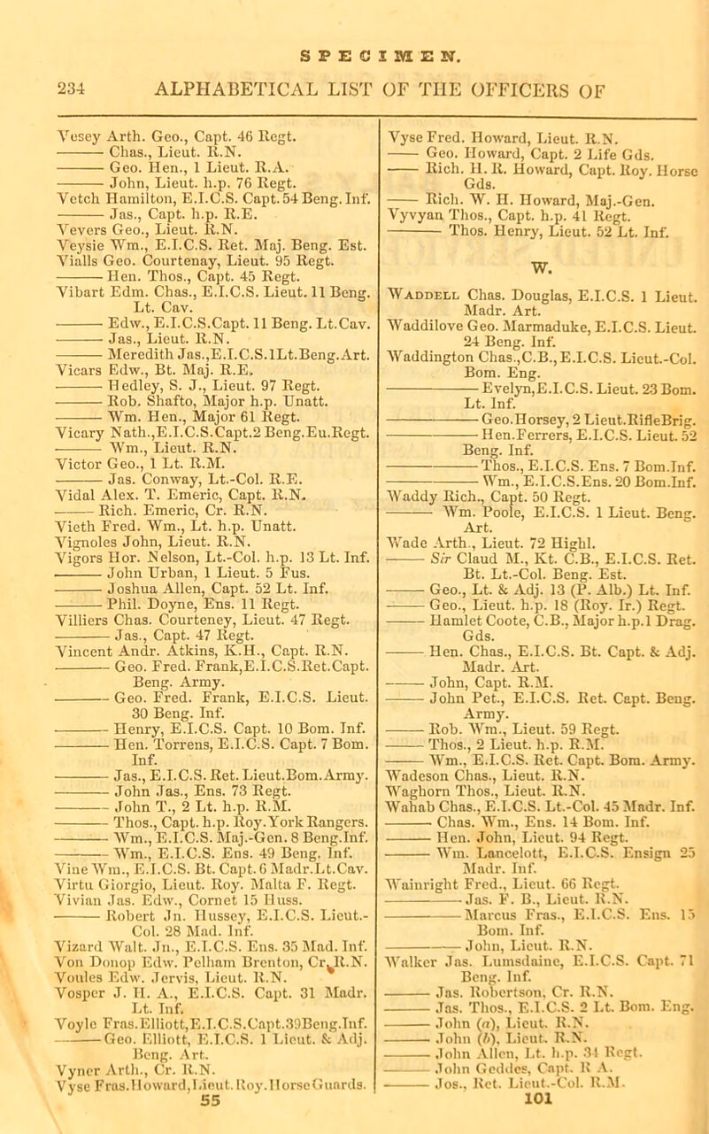 234 SPECIMEN. ALPHABETICAL LIST OF THE OFFICERS OF Vesey Arth. Geo., Capt. 46 Regt. Clias., Lieut. R.N. Geo. Hen., 1 Lieut. R.A. John, Lieut, h.p. 76 Regt. Vetch Hamilton, E.I.C.S. Capt. 54 Beng. Inf. Jas., Capt. h.p. R.E. Vevers Geo., Lieut. R.N. Vej'sie Wm., E.I.C.S. Ret. Maj. Beng. Est. Vialls Geo. Courtenay, Lieut. 95 Regt. Hen. Thos., Capt. 45 Regt. Vibart Edm. Chas., E.I.C.S. Lieut. 11 Beng. Lt. Cav. Edw., E.I.C.S.Capt. 11 Beng. Lt.Cav. Jas., Lieut. R.N. Meredith Jas.,E.I.C.S.lLt.Beng.Art. Vicars Edw., Bt. Maj. R.E, H edley, S. J., Lieut. 97 Regt. Rob. Shafto, Major h.p. Unatt. Wm. Hen., Major 61 Regt. Vicary Nath.,E.I.C.S.Capt.2 Beng.Eu.Regt. Wm., Lieut. R.N. Victor Geo., 1 Lt. R.M. Jas. Conway, Lt.-Col. R.E. Vidal Alex. T. Emeric, Capt. R.N. Rich. Emeric, Cr. R.N. Vieth Fred. Wm., Lt. h.p. Unatt. Vignoles John, Lieut. R.N. Vigors Hor. Nelson, Lt.-Col. h.p. 13 Lt. Inf. John Urban, 1 Lieut. 5 Fus. Joshua Allen, Capt. 52 Lt. Inf. Phil. Doyne, Ens. 11 Regt. Villiers Chas. Courteney, Lieut. 47 Regt. Jas., Capt. 47 Regt. Vincent Andr. Atkins, K.H., Capt. R.N. Geo. Fred. Frank,E.I.C.S.Ret.Capt. Beng. Army. Geo. Fred. Frank, E.I.C.S. Lieut. 30 Beng. Inf. Henry, E.I.C.S. Capt. 10 Bom. Inf. Hen. Torrens, E.I.C.S. Capt. 7 Bom. Inf. Jas., E.I.C.S. Ret. Lieut.Bom.Army. John Jas., Ens. 73 Regt. John T., 2 Lt. h.p. R.M. Thos., Capt. h.p. Roy. York Rangers. Wm., E.I.C.S. Maj.-Gen. 8 Beng.Inf. Wm., E.I.C.S. Ens. 49 Beng. Inf. Vine Wm., E.I.C.S. Bt. Capt. 6 Madr.Lt.Cav. Virtu Giorgio, Lieut. Roy. Malta F. Regt. Vivian Jas. Edw., Cornet 15 Huss. Robert Jn. Hussey, E.I.C.S. Lieut.- Col. 28 Mad. Inf. Vizard Walt. Jn., E.I.C.S. Ens. 35 Mad. Inf. Von Donop Edw. Pelham Brenton, Cr^R.N. Voules Edw. Jervis, Lieut. R.N. Vospcr J. H. A., E.I.C.S. Capt. 31 Madr. Lt. Inf. Voylc Eras.Elliott,E.I.C.S.Capt.39Beng.Inf. Geo. Elliott, E.I.C.S. 1 Lieut. & Adj. Beng. Art. Vyner Arth., Cr. R.N. V ysc Fras. 11 oward, I .icut. Boy. 11 orsc G uards. 55 Vyse Fred. Howard, Lieut. R.N. Geo. Howard, Capt. 2 Life Gds. Rich. 11. R. Howard, Capt. Roy. Horse Gds. Rich. W. H. Howard, Maj.-Gen. Vyvyan Thos., Capt. h.p. 41 Regt. Thos. Henry, Lieut. 52 Lt. Inf. W. Waddell Chas. Douglas, E.I.C.S. 1 Lieut. Madr. Art. Waddilove Geo. Marmaduke, E.I.C.S. Lieut. 24 Beng. Inf. Waddington Chas.,C.B.,E.I.C.S. Lieut.-Col. Bom. Eng. Evelyn,E.I.C.S. Lieut. 23 Bom. Lt. Inf. Geo. H orsey, 2 Lieut.RifleBrig. Hen.Ferrers, E.I.C.S. Lieut. 52 Beng. Inf. Thos., E.I.C.S. Ens. 7 Bom.Inf. Wm., E.I.C.S.Ens. 20 Bom.Inf. Waddy Rich., Capt. 50 Regt. Wm. Poole, E.I.C.S. 1 Lieut. Beng. Wade Arth., Lieut. 72 Highl. Sir Claud M., Kt. C.B., E.I.C.S. Ret. Bt. Lt.-Col. Beng. Est. Geo., Lt. & Adj. 13 (P. Alb.) Lt. Inf. Geo., Lieut, h.p. 18 (Roy. Ir.) Regt. Hamlet Coote, C.B., Major h.p.l Drag. Gds. Hen. Chas., E.I.C.S. Bt. Capt. & Adj. Madr. Art. John, Capt. R.M. John Pet., E.I.C.S. Ret. Capt. Beng. Army. Rob. Wm., Lieut. 59 Regt. Thos., 2 Lieut, h.p. R.M. Wm., E.I.C.S. Ret. Capt. Bora. Army. Wadeson Chas., Lieut. R.N. Waghorn Thos., Lieut. R.N. Wahab Chas., E.I.C.S. Lt.-Col. 45 Madr. Inf. Chas. Wm., Ens. 14 Bom. Inf. Hen. John, Lieut. 94 Regt. Wm. Lancelot!, E.I.C.S. Ensign 25 Madr. Inf. Wainriglit Fred., Lieut. 66 Regt. Jas. F. B., Lieut. R.N. Marcus Fras., E.I.C.S. Ens. 15 Bom. Inf. —John, Lieut. R.N. Walker Jas. Lumsdoinc, E.I.C.S. Capt. 71 Beng. Inf. Jas. Robertson, Cr. R.N. Jas. Thos., E.I.C.S. 2 Lt. Bom. Eng. John (o), Lieut. R.N. John (/>), Lieut. R.N. John Allen, Lt. li p. 34 Regt. John Geddes, Capt. R A. Jos., Ret. Lieut.-Col. R.M. 101