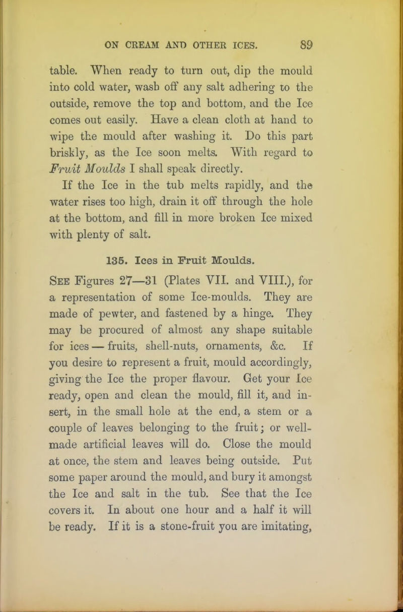 table. When ready to turn out, dip the mould into cold water, wash off any salt adhering to the outside, remove the top and bottom, and the Ice comes out easily. Have a clean cloth at hand to wipe the mould after washing it. Do this part briskly, as the Ice soon melts. With regard to Fruit Moulds I shall speak directly. If the Ice in the tub melts rapidly, and the water rises too high, drain it off through the hole at the bottom, and fill in more broken Ice mixed with plenty of salt. 135. Ices in Fruit Moulds. See Figures 27—31 (Plates VII. and VIII.), for a representation of some Ice-moulds. They are made of pewter, and fastened by a hinge. They may be procured of almost any shape suitable for ices — fruits, shell-nuts, ornaments, &c. If you desire to represent a fruit, mould accordingly, giving the Ice the proper flavour. Get your Ice ready, open and clean the mould, fill it, and in- sert, in the small hole at the end, a stem or a couple of leaves belonging to the fruit; or well- made artificial leaves will do. Close the mould at once, the stem and leaves being outside. Put some paper around the mould, and bury it amongst the Ice and salt in the tub. See that the Ice covers it. In about one hour and a half it will be ready. If it is a stone-fruit you are imitating,