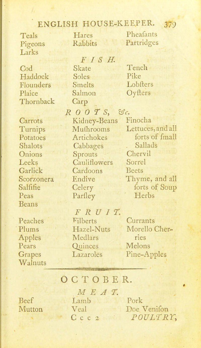 Teals Hares Pheafants Pigeons Rabbits Partridges Larks FISH. Cod Skate Tench Haddock Soles Pike Flounders Smelts Lobfters Plaice Salmon Oyflers Thornback Carp ROOTS, fcfc. Carrots Kidney-Beans Finocha Turnips Mufhrooms Lettuces, and all Potatoes Artichokes forts of fmall Shalots Cabbages Sallads Onions Sprouts Chervil Leeks Cauliflowers Sorrel Garlick Cardoons Beets Scorzonera Endive Thyme, and all Salfifie Celery forts of Soup Peas Parfley Herbs Beans FRUIT Peaches Pilberts Currants Plums Hazel-Nuts Morello Cher- Apples Medlars ries Pears Quinces Melons Grapes Lazaroles Pine-Apples Walnuts OCTOBER. MEAT. Beef Lamb Pork Mutton Veal Doe Venifon