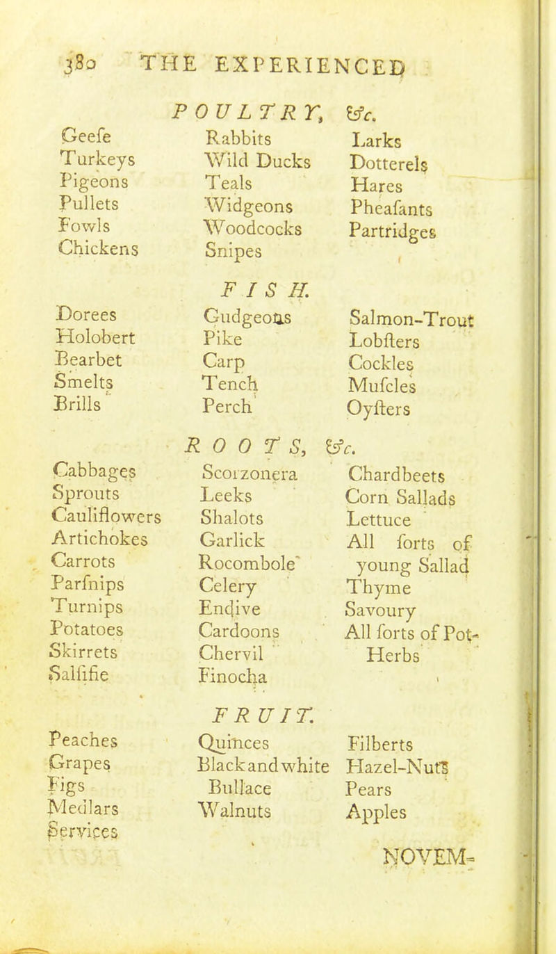 Geefe T urkeys Pigeons Pullets Fowls Chickens P OULTR rs Rabbits Wild Ducks Teals Widgeons Woodcocks Snipes fcfr. Larks Dotterels Hares / Pheafants Partridges f Dorees Holobert Bearbet Smelts Brills FIS II. Gudgeons Pike Carp Tench Perch Salmon-Trout Lobfters Cockles Mufcles Oyfters ROOTS, &V. Cabbages Scoizonera Chardbeets Sprouts Leeks Corn Sallads Cauliflowers Shalots Lettuce Artichokes Garlick All forts of Carrots Rocombole young Sallad Parfnips Celery Thyme Turnips Endive Savoury Potatoes Cardoons All forts of Pot- Skirrets Chervil Herbs Salfifie Finocha t FR U I T. Peaches Qui'nces Filberts Grapes Black and white Hazel-NutS Figs Bullace Pears Medlars Walnuts Apples Services NOVEM-