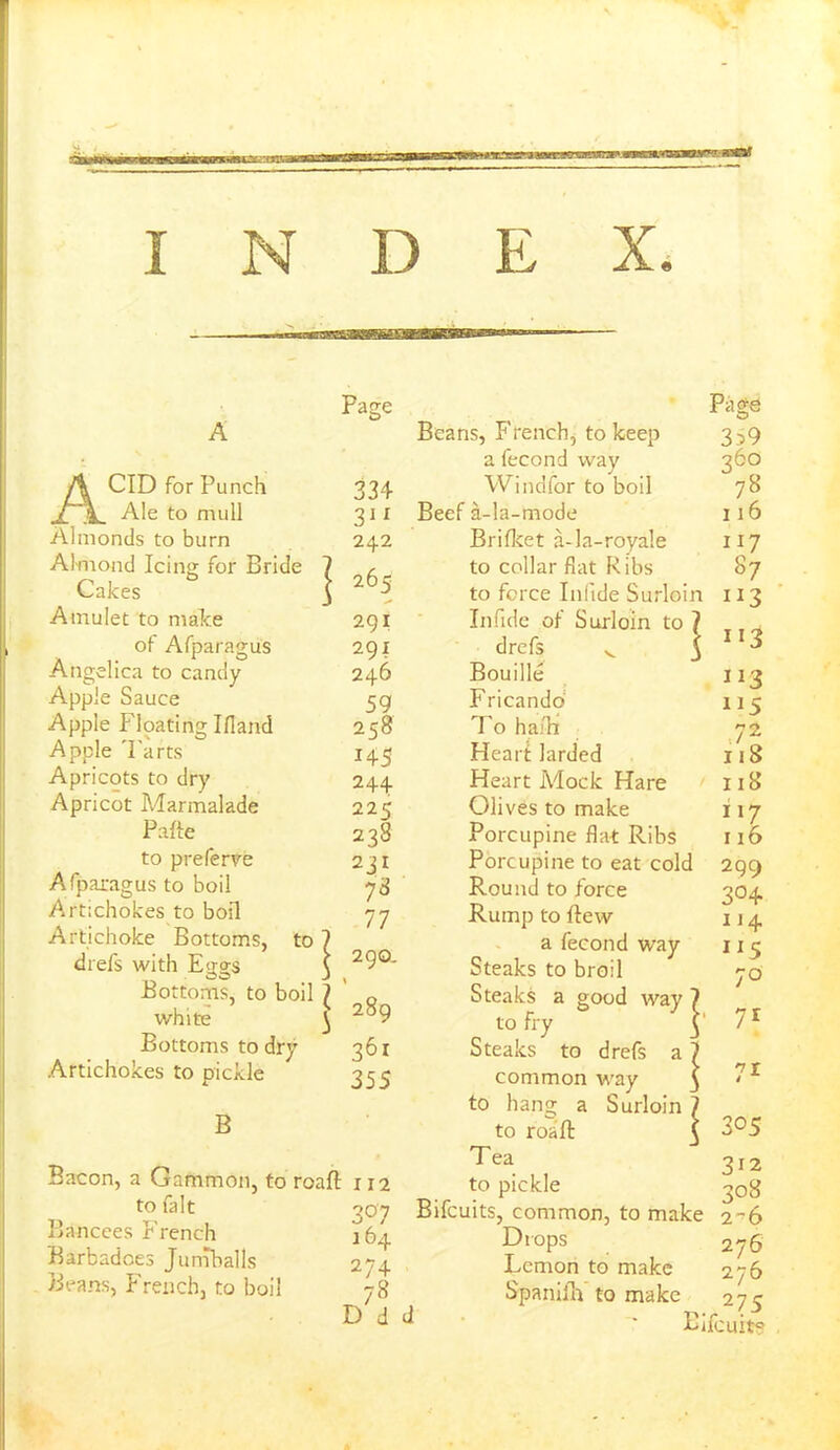 ■aaMEaercrosT; I N D E X. A ACID for Punch Ale to mull Almonds to burn Almond Icing for Bride Calces Amulet to make of Afparagus Angelica to candy Apple Sauce Apple Floating IHand Apple 'Farts Apricots to dry Apricot Marmalade Pafte to preferve Afparagus to boil Artichokes to boil Artichoke Bottoms, to drefs with E<rg-$ Bottoms, to boil white Bottoms to dry Artichokes to pickle B Page 334 311 242 265 291 291 246 59 258 145 244 225 238 231 7* 77 290. \ 289 361 355 Bacon, a Gammon, to roafl 112 to (alt 3^7 Bancees French ^4 Barbadoes Ju nib alls 274 Beans, French, to boil 78 D d Beans, French, to keep a fecond way Windfor to boil Beef a-la-mode Brifket a-la-royale to collar fiat Ribs to force Infide Surloin Infide of Surloin to drefs v Bouille Fricando To ha/hi Heart larded Heart Mock Hare Olives to make Porcupine flat Ribs Porcupine to eat cold Round to force Rump to flew a fecond way Steaks to broil Steaks a good way 7 to fry Steaks to drefs a 7 common way 5 to hang a Surloin 7 to roaft \ Tea to pickle Bifcuits, common, to make Drops Lemon to make Spanilh to make Page 359 260 78 116 117 87 113 113 7g 118 118 1 *7 116 299 3°4 114 i‘S 7r 7r 305 312 3°8 26 276 276 275 Bifcuits