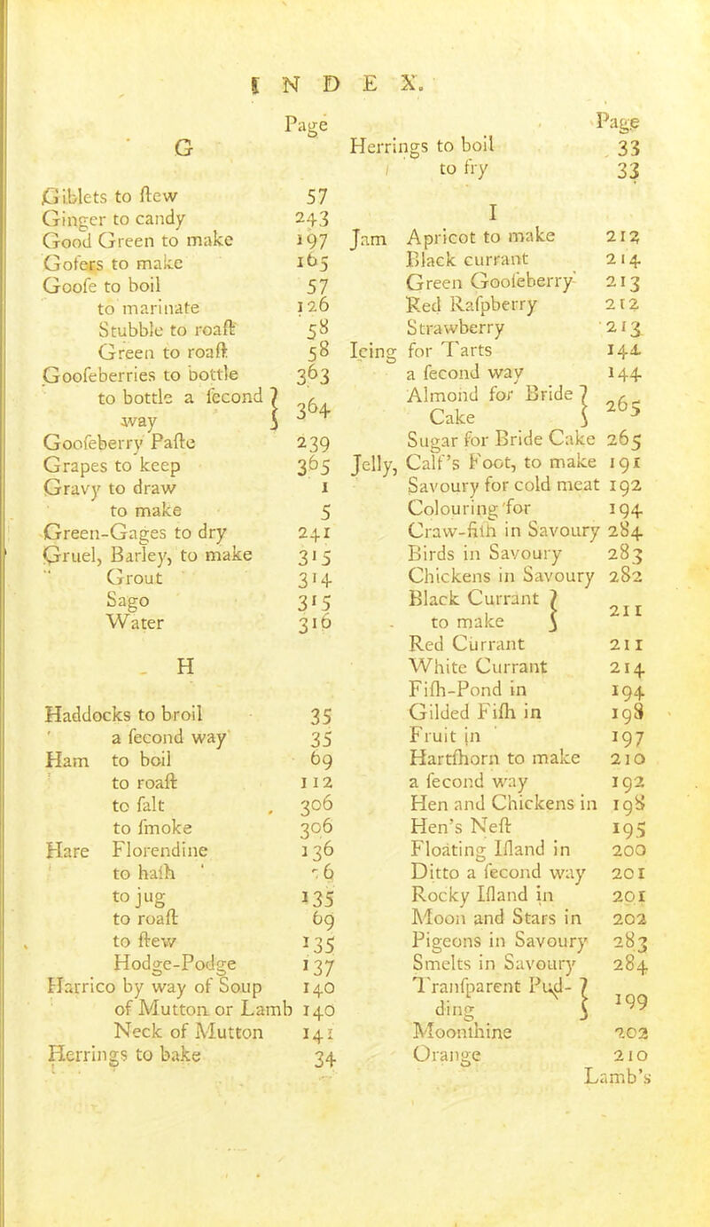 Page G Giblets to (lew 57 Ginger to candy 243 Good Green to make 197 Gofers to make 165 Goofe to boil 57 to marinate 126 Stubble to roaft '58 Green to roaft 58 Goofeberries to bottle 363 to bottle a fecond 7 3^4 way 3 Goofeberry Pafte 239 Grapes to keep 365 Gravy to draw 1 to make 5 Green-Gages to dry 241 Gruel, Barley, to make 315 Grout 314- Sago 3*5 Water 316 _ H Haddocks to broil 35 a fecond way 35 Ham to boil 69 to roaft 112 to fait 3°6 to fmoke 306 Hare Florendine 136 to halh 4 to jug 135 to roaft 69 to flew 135 Hodge-Podge '37 Harrico by way of Soup 140 of Mutton or Lamb 140 Neck of Mutton 141 Herrings to bake 34 Page Herrings to boil 33 / to fry 33 I Jam Apricot to make 21? Black currant 214 Green Goofeberry 213 Red Rafpberry 2t2 Strawberry 2,13 Icing for Tarts 144. a fecond way 144 Almond for Bride 7 r Cake \ •* Sugar for Bride Cake 265 Jelly, Calf’s Foot, to make 191 Savoury for cold meat 192 Colouring'for 194 Craw-filh in Savoury 284 Birds in Savoury 283 Chickens in Savoury 282 Black Currant 7 to make 3 Red Currant 211 White Currant 214 Fifh-Pond in 194 Gilded Fifh in 198 Fruit in 197 Hartfhorn to make 210 a fecond way 192 Hen and Chickens in 198 Hen’s Neft 195 Floating Bland in 200 Ditto a fecond way 201 Rocky Bland in 20 r Moon and Stars in 202 Pigeons in Savoury 283 Smelts in Savoury 284 Tranfparent P14I- 7 ding 3 *99 Moonthine 202 Orange 210 Lamb’s
