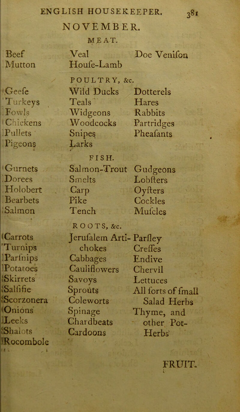 NOVEMBER. MEAT. Beef Veal Doe Venifon Mutton Houfe-Lamb L ‘ y POULTRY, &c. rGeefe Wild Ducks Dotterels Turkeys Teals' Hares 1 Fowls Widgeons Rabbits Chickens Woodcocks Partridges Pullets Snipes Pheafants Pigeons Larks * Gurnets FISH. Salmon-Trout Gudgeons Dorees Smelts Lobfters Holobert Carp Oyfters Bearbets Pike Cockles Salmon Tench Mufcles (Carrots ROOTS, See. Jerufalem Arti- Parfley Turnips chokes Crefles IParfnips Cabbages Endive Potatoes Cauliflowers Chervil iSkirrets Savoys Lettuces iSallifie Sproiits All forts of fmall .‘Scorzonera Coleworts Salad Herbs •Onions Spinage Thyme, and jLeeks Chardbeats other Pot- JShalots Cardoons Herbs ;Rocombole 11* i i, A. FRUIT.