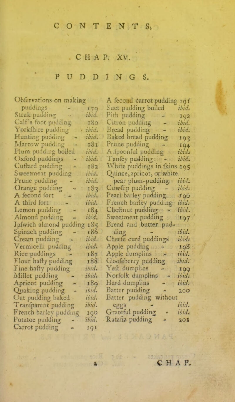 \ / P U D D Obfervations on making puddings 09 Steak pudding ibid. Calf’s foot pudding iSo Yorkfliire pudding • ibid. Hunting pudding ibid. Marrow pudding 181 Plum pudding boiled ibid. Oxford puddings ibid. Cuftard pudding 182 Sweetmeat pudding ibid. Prune pudding ibid. Orange pudding 00 00 A fecond fort ibid. A third fort ibid. I^emon pudding 184 Almond pudding ibid. Jpfvvich almond pudding 185 Spinach pudding 186 Cream pudding ibid. Vermicelli pudding ibid. Rice puddings 187 Flour hafty pudding 188 Fine hafty pudding ibid. Millet pudding ibid. Apricot pudding 189 Quaking pudding ibid. Oat pudding baked ibid. Tranfparent pudding ibid. French barley pudding 190 Potatoe pudding ibid. Carrot pudding U)i I N G S. A fecond carrot pudding jfjt Suet pudding boiled ibidt Pith pudding - 192 Citron pudding - ibid. Bread pudding. - ibid. Baked bread pudding J93 Prune pudding - 194. A.l'poonful pudding ibidj Tanfey pudding - ibidi White puddings in fkins 195 Quince,apricot, or white pear plum-pudding ibid. Cow-flip pudding - ibidi Pearl barley pudding 196 French barley pudding ibid. Cheftnut pudding ' * ibid. Sw'eetmeat pudding 197 Bread and butter pud- ding - ibid. Cheefe curd puddings ibidi Apple pudding - 198 Apple dumplins - ibid. Goofeberry pudding ibid. Yeft dumplins - 199 Norfolk dumplins - ibid. Hard dumplins - ibid. Batter pudding - 100 Batter pudding without eggs - ibid. Grateful pudding - ibid* Ratafia pudding - 201