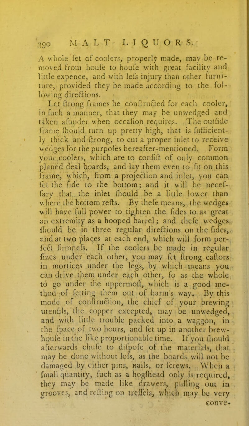 A whole fet of coolers, properly made, may be re- moved from liOLife to houfe with gj’eat facility aud little expence, and with lefs injury than other furni- ture, provided they be made according to the fol- lowing direBions. Let ilrong frames be confiruBed for each cooler, in fuch a manner, that they may be unwedged and taken afunder when occafion requires. The outhde frame Ihould turn up pretty high, that is fufficient- iy thick and ffrong, to cut a proper inlet to receive wedges for the purpoles hereafter-mentioned. Form your coolers, which are to confift of only common planed deal boards, and lay them even to fit on this frame, which, from a projeBion and inlet, you can let the fide to the bottom; and it will be necef- fary that the inlet fhould be a little lower than where the bottom refts. By thefe means, the wedges will have full power to tighteri the Tides to as great an extremity as a hooped barrel; and thefe wedges ihculd be in three regular direBions on the fides, and at two places at each end, which will form per- TeB firmnefs. If the coolers be made in regular fizes under each other, you may fet ftrong caftors in mortices under the legs, by which means you can drive them under each other, fo as the whole to go under the uppermolf, which is a good me- thod of fetting them out of harm’s way. By this mode of conftruBion, the chief of your brewing utenfils, the copper excepted, may be unwedged, and with little trouble packed into a waggon, in the fpace of two hours, and fet up in another brew- houfe in the like proportionable time. If you Ihould afterwards chufe to difpofe of the materials, that, may be done without lofs, as the boards will not be damaged by either pins, nails, or ferews. When a fmall quantity, fuch as a hogfhead only is required, they may be made like drawers, pulling out in grooves, and rclling on trellcls, which may be very conve-