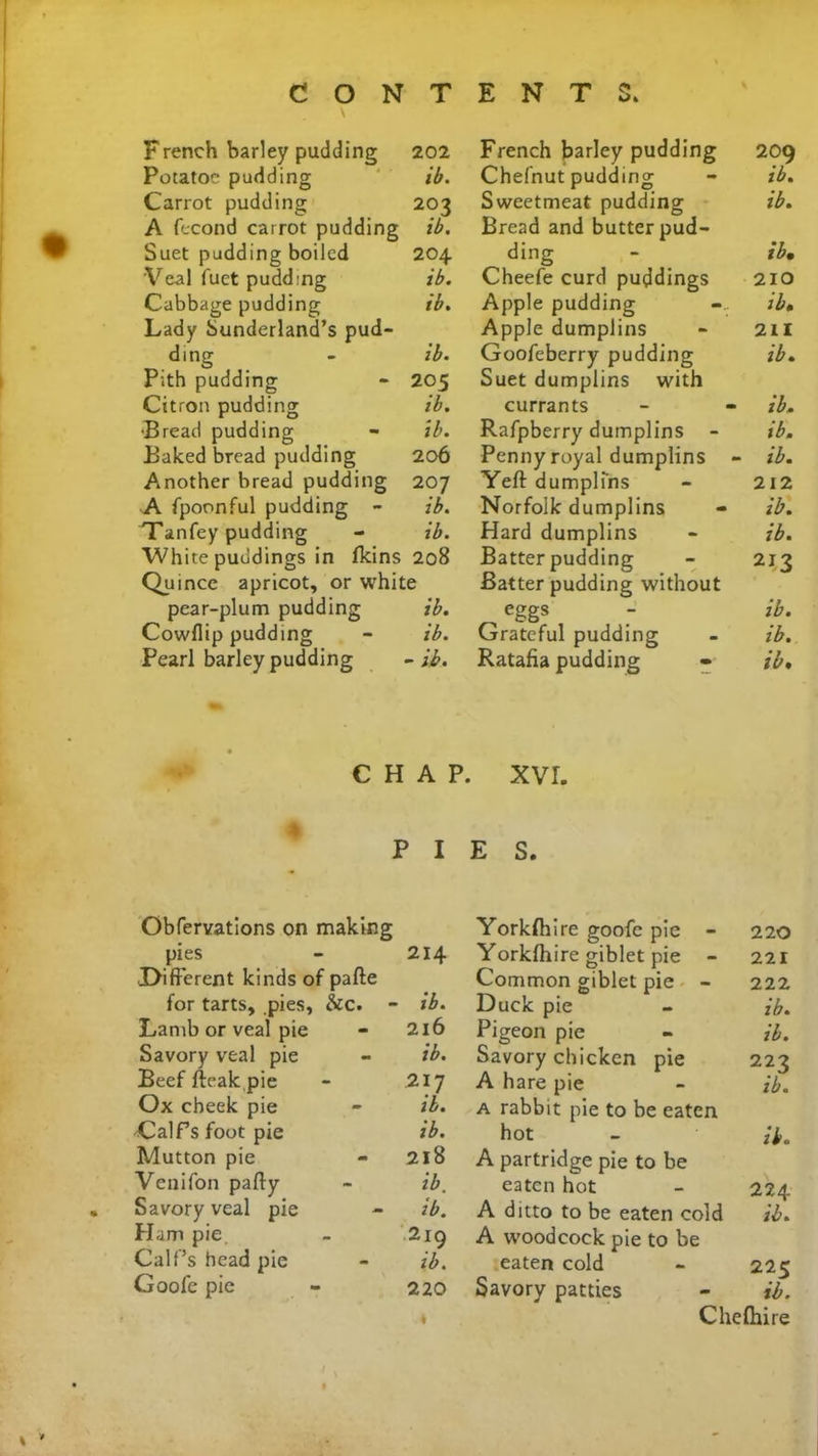 CON \ T ENTS. French barley pudding 202 French barley pudding 209 Potato? pudding ib. Chefnut pudding ib. Carrot pudding 203 Sweetmeat pudding ib. A fecond carrot pudding ib. Bread and butter pud- Suet pudding boiled 204 ding ib. Veal fuet pudding ib. Cheefe curd puddings 210 Cabbage pudding ib. Apple pudding ib. Lady Sunderland’s pud- Apple dumplins 211 ding ib. Goofeberry pudding ib. Pith pudding 205 Suet dumplins with Citron pudding ib. currants ib. •Bread pudding ib. Rafpberry dumplins - ib. Baked bread pudding 206 Penny royal dumplins - ib. Another bread pudding 207 Yeft dumplins 212 A fpoonful pudding - ib. Norfolk dumplins ib. Tanfey pudding ib. Hard dumplins ib. White puddings in fkins 208 Batter pudding 213 Quince apricot, or white Batter pudding without pear-plum pudding ib. eggs ib. Cowflip pudding ib. Grateful pudding ib. Pearl barley pudding - ib . Ratafia pudding ib. '.2 • C H A P. XVI. P I E S. Obfervations on making Yorkftiire goofe pie - 220 pies 214 Yorkfhire giblet pie - 221 Different kinds of pafte Common giblet pie - 222 for tarts, pies, he. - ib. Duck pie ib. Lamb or veal pie 216 Pigeon pie ib. Savory veal pie ib. Savory chicken pie 223 Beef fteak pie 217 A hare pie ib. Ox cheek pie ib. a rabbit pie to be eaten Calf’s foot pie ib. hot ib. Mutton pie 218 A partridge pie to be Venifon party ib. eaten hot 224 Savory veal pie ib. A ditto to be eaten cold ib. Ham pie. 219 A woodcock pie to be Calf’s head pie ib. eaten cold 225 Goofe pie 220 Savory patties ib. k Che (hi re %