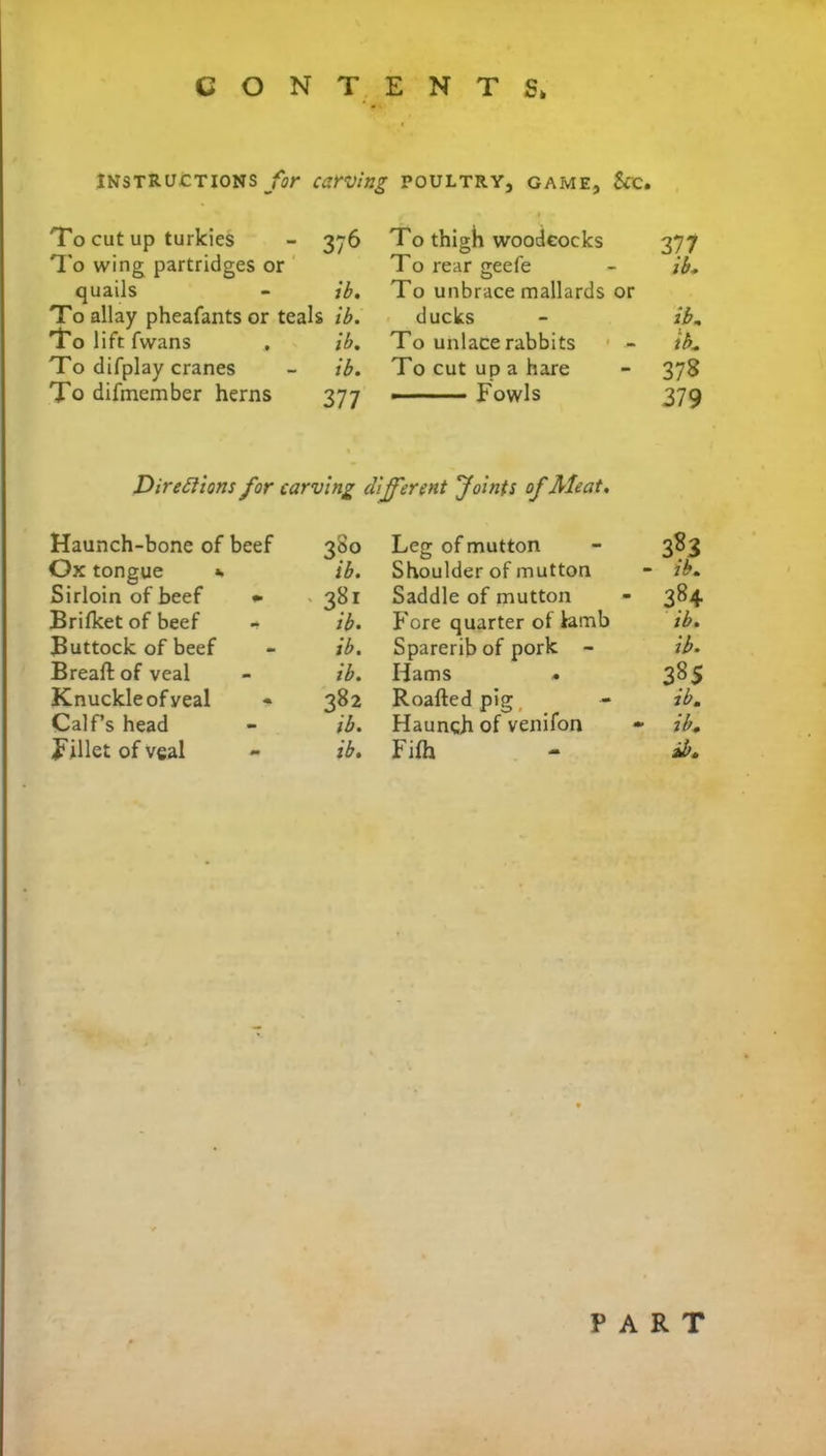 INSTRUCTIONS for carving p POULTRY, GAME, ScC. To cut up turkies 376 ' 4 - To thigh woodcocks 377 To wing partridges or T0 rear geefe ib. quails ib. To unbrace mallards or To allay pheafants or teals ib. ducks ib, Toliftfwans , ib. To unlace rabbits ib. To difplay cranes ib. To cut up a hare 378 To difmember herns 377 Fowls 379 Directions for carving different Joints of Meat. Haunch-bone of beef 280 Leg of mutton 382 Ox tongue «. ib. Shoulder of mutton - ib. Sirloin of beef *■ ' 3?r ib. Saddle of mutton - 384 Brifket of beef Fore quarter of lamb ib. Buttock of beef ib. Spareribof pork - ib. Breaft of veal ib. Hams « 385 Knuckle of yeal 382 Roafted pig ib. Calf’s head ib. Haunch of venifon • ib. Fillet of veal ib. Fifh ib. PART
