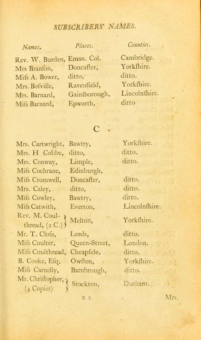 Names^ Places. Counties. / Rev. W. Burden, Eman. Col. Cambridge. Mrs Branfon, Doncafter, Yorkfliire. Mifs A. Bower, ditto, ditto. Mrs. Bofville, Raven field. Yorkfliire. Mrs. Barnard, Gainlborough, Lincoln (hire Mifs Barnard, Epworth, ditto c * Mrs. Cartwright, Bawtry, Yorkfliire. Mrs. H Cobbe, ditto. ditto. Mrs. Conway, Limple, ditto. Mifs Cochrane, Edinburgh, Mifs Cromwell, Doncafter, ditto. Mrs. Caley, ditto. ditto. Mifs Cowley, Bawtry, ditto. Mifs Catwith, Everton, Lincolnfliire Rev. M. Coul- thread, (2 C.)} Melton, Yorkfliire. Mr. T. Clofe, Leeds, ditto. Mifs Coulter, Queen-Street, London. Mifs Coulthread, Cheapfide, ditto. B. Cooke, Efq, Owfton, Yorkfliire. Mifs Carnelly, Barnbrough, ditto. Mr. Chriftopher, {4 Copies) ) Stockton, Durham.