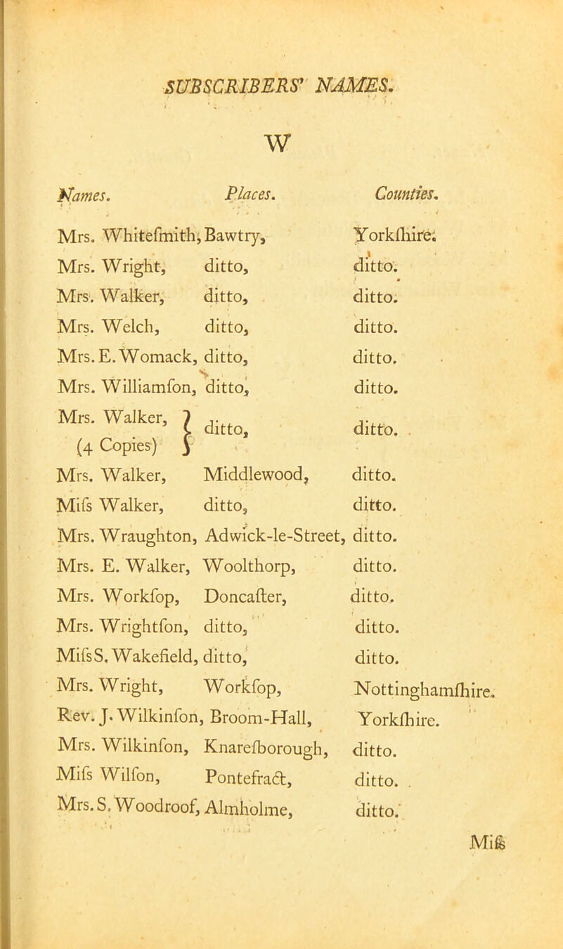 w Names. Places. Counties. Mrs, Whitefmithj Bawtry, Yorkfliire; Mrs. Wright, ditto. ditto. Mrs. Walker, ditto. ditto. Mrs. Welch, ditto, ditto. Mrs. E. Womack, ditto. ditto. Mrs. Williamfon, ditto^ ditto. Mrs. Walker. 7 (4 Copies) 3 ditto. Mrs. Walker, Middlewood, ditto. Mifs Walker, ditto, ditto. Mrs. Wraughton, Adwick-le-Street, ditto. Mrs. E. Walker, Woolthorp, ditto. Mrs. Workfop, Doncafter, ditto. Mrs. Wrightfon, ditto. ditto. MifsS, Wakefield, ditto,' ditto. Mrs. Wright, Workfop, Nottinghamfhire. Rev, J. Wilkinfon, Broom-Hall, Yorkfhire. Mrs. Wilkinfon, Knarefborough, ditto. Mifs Wilfon, Pontefract, ditto. . Mrs. S. W oodroof, Almholme, ditto,’ Mife