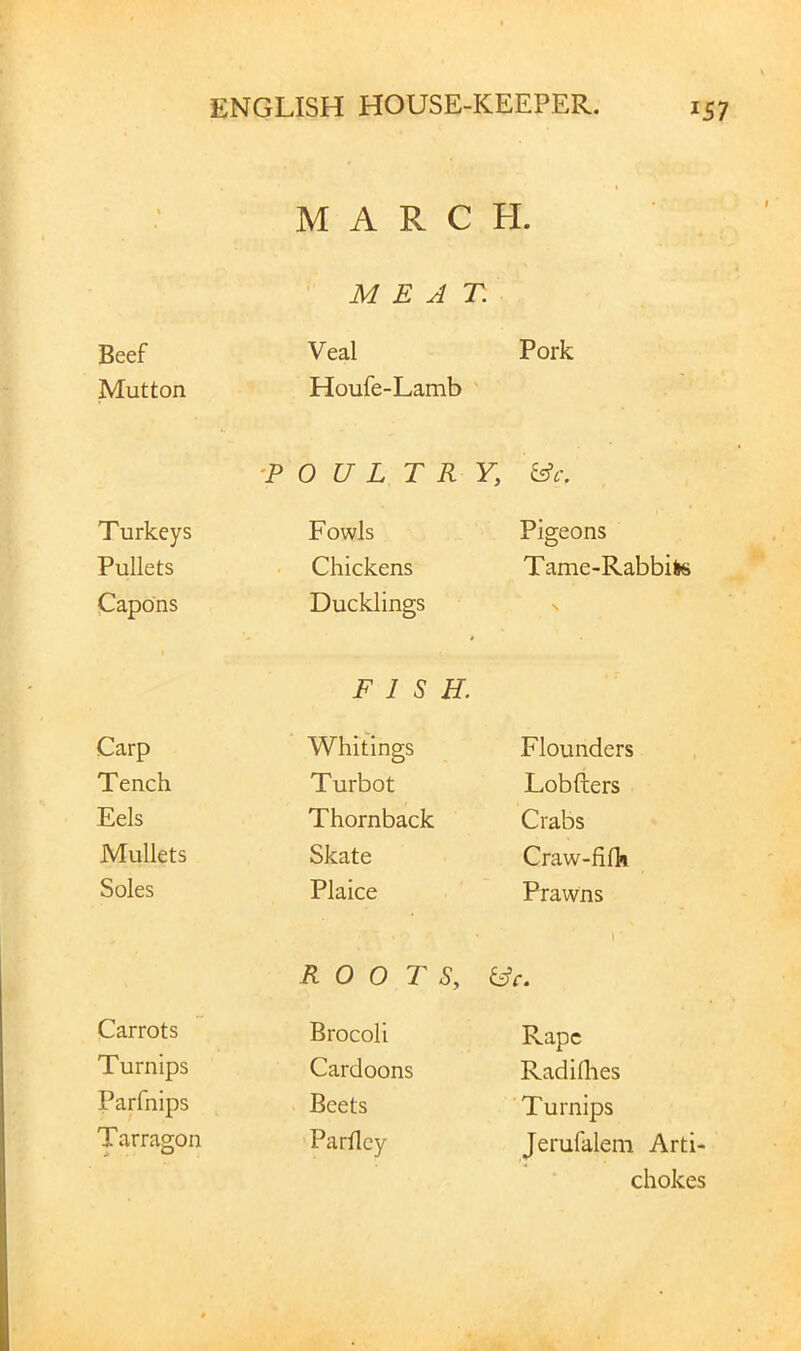 MARCH. MEAT. Beef Veal Pork Mutton Houfe-Lamb ' ■P 0 U L T R Y, &c. T urkeys Fowls Pigeons Pullets Chickens Tame-Rabbite Capons Ducklings FISH. Carp Whitings Flounders Tench Turbot Lobfters Eels Thornback Crabs Mullets Skate Craw-fifh Soles Plaice Prawns ROOTS, Carrots Brocoli Rape Turnips Cardoons Radiflies Parfnips Beets Turnips Tarragon Parfley Jerufalem Arti- chokes