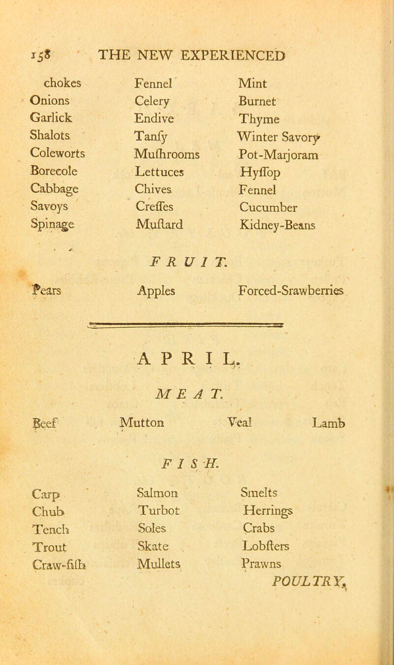 chokes Fennel Mint Onions Celery Burnet Garlick Endive Thyme Shalots Tanfy Winter Savory Cole worts Mulhrooms Pot-Marjoram Borecole Lettuces Hyffop Cabbage Chives Fennel Savoys Creffes Cucumber Spinage Mullard Kidney-Beans • ^ FRUIT. Pears Apples Forced-Srawberries APRIL • MEAT ?eef Mutton Veal Lamb FISH. Carp Salmon Smelts Chub Turbot Herrings Tench Soles Crabs Trout Skate Lobfters Craw-hfli Mullets Prawns