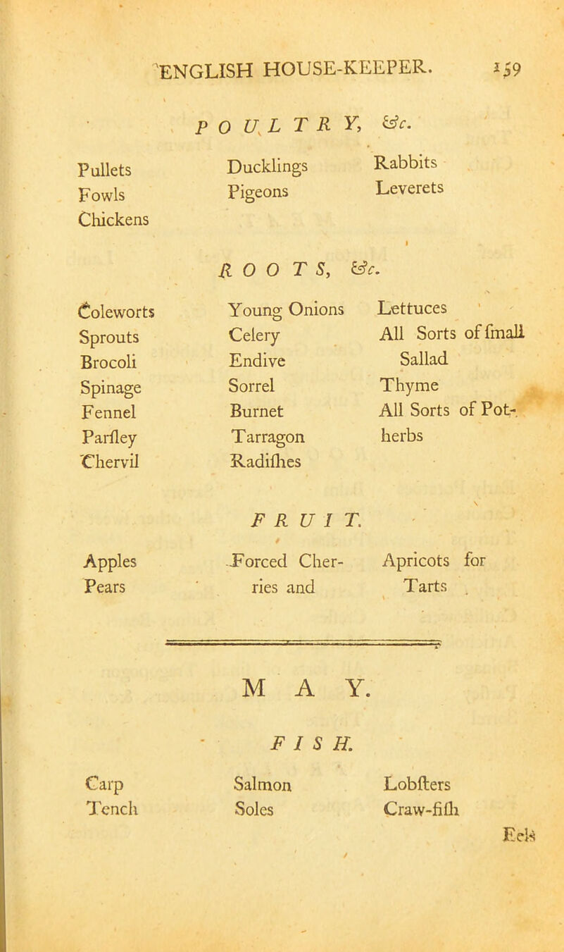 \ P 0 U,L T R Y, ^c. Pullets Fowls Chickens Ducklings Pigeons Rabbits Leverets ROOTS, Coleworts Sprouts Brocoli Spinage Fennel Parfley 'Chervil Young Onions Celery Endive Sorrel Burnet Tarragon Radiflies Lettuces All Sorts offmali Sallad Thyme All Sorts of Pot- herbs FRUIT. Apples Pears -Porced Cher- ries and Apricots for Tarts % MAY. FISH. - Carp Tench Salmon Soles Lobfters Craw-filli