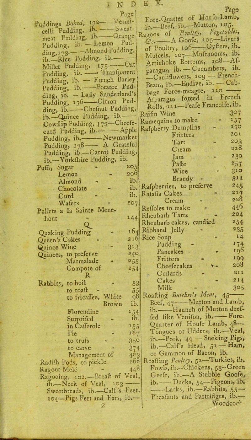 Page Puddings Baked, 172 Yermi- celli Pudding, ib* Siveat- mcat Pudding, ib. Ojange Pudding, ib. — Lemon Pud- ding, 173-——Almond Pudding, ib.—Rice Pudding, ib.. Millet Pudding, 175. Oat Pudding, ib. Tianfparent Pudding, ib. — French Barley Pudding, ib. Potatoe Pud- ding, ib. — Lady Sunderland’s Pudding, 176 Citron Pud- ding, ib. Chefnut Pudding, ib.—Quince Pudding, ib. CowBip Pudding, 177—Cheefc- curd Pudding, ib. Apple Pudding, ib. Newmarket Pudding, 178 A Grateful Pudding, ib.—Carrat Pudding, ib.—Yorklhire Pudding, ib. Puffs, Sugar Lemon Almond Chocolate Curd Wafers _ Pullets a la Sainte Mene- liout .0. Quaking Pudding Qiieen’s Cakes Quince Wine Quinces, to preferve Marmalade Compote of R Rabbits, to boil to roaft to fricaffee. 206 206 ib. ib. ib. 207 144 164 216 3'3 240 255 254 Page Fore-Quarter of Houfe-Lamb, ib.—Beef, ib.—Mutton, 105 Ragoos of Poultry, Vegetables, A Goofe, 105—Livers of Poultry, 106 ^Oyfters, ib. Mufcels, 107—Muftirooms, ib. Artichoke Bottoms, 108—Af- paragus, ib* — Cucumbers, ib. —Cauliflowers, 109 — French- Beans, ib.—Endive, ib. — Cab- bage Force-meagre,^ no - Afparagus forced in French Rolls, 111—Peafe Francoife, ib. Raifin Wine Ramequlns to make Rafpberry Dumplins Fritters Tart Cream Jam Pafte Wine Brandy - Rafpberries, to preferve Ratafia Cakes Cream Reffoles to make Rheubarb Tarts White Brown 33 55 98 ib. Florendine Surprifed in Cafferole ~ Pie to trufs to carve Management of Radifli Pods, to pickle Ragout Meld Ragooing, 102.—Bread of Veal, ib.—Neck of Veal, 103 Sweetbreads, ib.—Calf’s feet, 104—Pigs Feet and Ears, ib. 154 ib. 155 187 350 374 4t'3 268 448 307 157 170 201 203 228 230 257 310 311 245 217 228 446 204 254 235 14 »74 196 >99 208 211 Rheubarb cakes, candied Ribband Jelly Rice Soup Pudding Pancakes Fritters .Cheefecakes > - Cuftards Cakes - 214 Milk - 3°5 Roafting Butcher s Meat, 45 Beef, 47 Mutton and Lamb, ib. Haunch of Mutton dref- fed like Venifon, ib. Fore- Quarter of Houfe Lamb, 48— Tongues or Udders, ib.—Veal, ib.—Pork, 49 — Sucking Pigs, lb.—Calf’s Head, 51 — Ham, or Gammon of Bacon, ib. Roafting Poultry, 52—Turkies, ib» Fowls, ib.—Chickens, 53—Green Ceefe, ib.—A Stubble Goofe, ib. Ducks, 54—Pigeons, ib. Larks, ib.—Rabbits, 55— Pheafants and Partridges, ib.— Woodcoi^