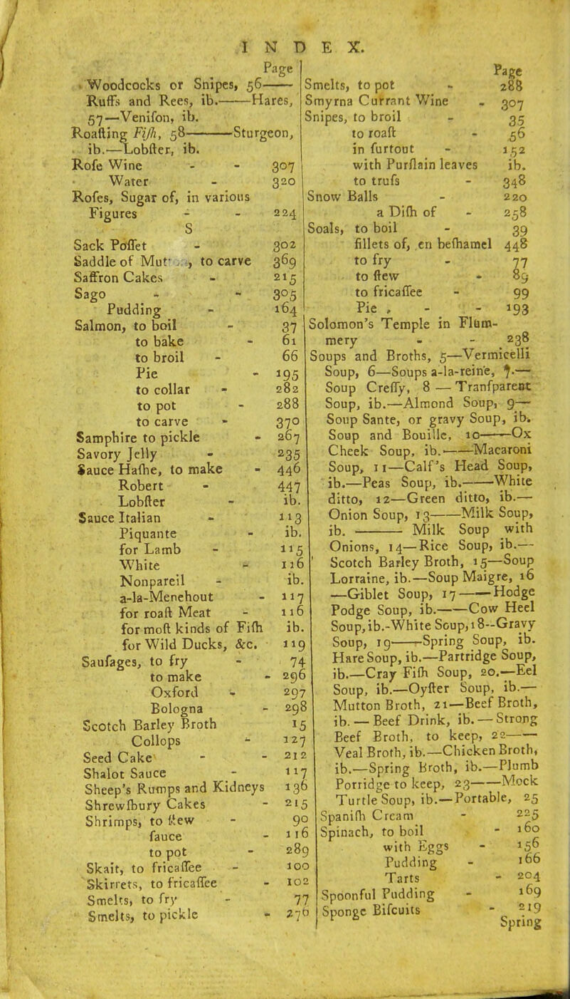 / INDEX. Page > Woodcocks or Snipes, 56 —^ c Ruffs and Rees, ib. Hares, hi—Venifon, ib. c Roafting Fijh, 58 Sturgeon, ib.—-Lobfter, ib. Rofe Wine 307 Water 320 Rofes, Sugar of, in various Figures 224 S Sack Poffet 302 Saddle of Muf , , to carve 3^9 Saffron Cakes 215 Sago 305 Pudding 164 Salmon, to boil 37 to bake 61 to broil 66 Pie *95 to collar 282 to pot 288 to carve 370 Samphire to pickle 267 Savory Jelly 235 Sauce Haflie, to make 446 Robert 447 Lobfter ib. Sauce Italian *13 Piquante ib. for Lamb W'hite 116 Nonpareil ib. a-la-Menehout 117 for roaft Meat 116 formoft kinds of Fifti ib. for Wild Ducks, &c. 119 Saufages, to fry 74 to make - 296 Oxford 297 Bologna - 298 Scotch Barley Broth *5 Collops - 127 Seed Cake 212 to roaft in furtout with Purflain leaves to trufs Page 288 307 56 ib. 348 220 258 39 448 77 89 99 »93 Sbalot Sauce Sheep’s Rumps and Kidneys Shrewlbury Cakes Shrimps, to (*ew fauce to pot Skait, to fricaflee Skirrets, to fricaflee Smelts, to fry Smelts, to pickle 117 136 215 116 289 100 102 77 27b a Di(h of Seals, to boil fillets of, cn befhatnel to fry to ftew to fricaflee Pie . Solomon’s Temple in Fllim- mery - - _ 238 Soups and Broths, 5—Vermicelli Soup, 6—Soups a-la-reine, — Soup Crefly, 8—Tranfpareot Soup, ib.—Almond Soup, g— Soup Sante, or gravy Soup, ib. Soup and Bouillc, 10—^Ox Cheek Soup, ib.^ ^Macaroni Soup, II—Calf’s Head Soup, ib.—Peas Soup, ib. White ditto, 12—Green ditto, ib.— Onion Soup, 13 Milk Soup, ib. Milk Soup with Onions, 14—Rice Soup, ib.— Scotch Barley Broth, 15—Soup Lorraine, ib.—SoupMaigre, 16 —Giblet Soup, 17——Hodge Podge Soup, ib. Cow Heel Soup, ib.-White Soup, 18—Gravy Soup, ig -Spring Soup, ib. Hare Soup, ib.—Partridge Soup, ib Cray Filh Soup, 20.—Eel Soup, ib.—Oyfter Soup, ib.— Mutton Broth, 21—Beef Broth, ib. —Beef Drink, ib. —Strong Beef Broth, to keep, 22 Veal Broth, ib.—Chicken Broth, ib.—Spring Broth, ib.—Plumb Porridge to keep, 23 Mock Turtle Soup, ib.— Spanidi Cream Spinach, to boil with Eggs Pudding Tarts Spoonful Pudding Sponge Bifeuits Portable, 25 225 160 156 _ 166 - 204 169 - 219 Spring