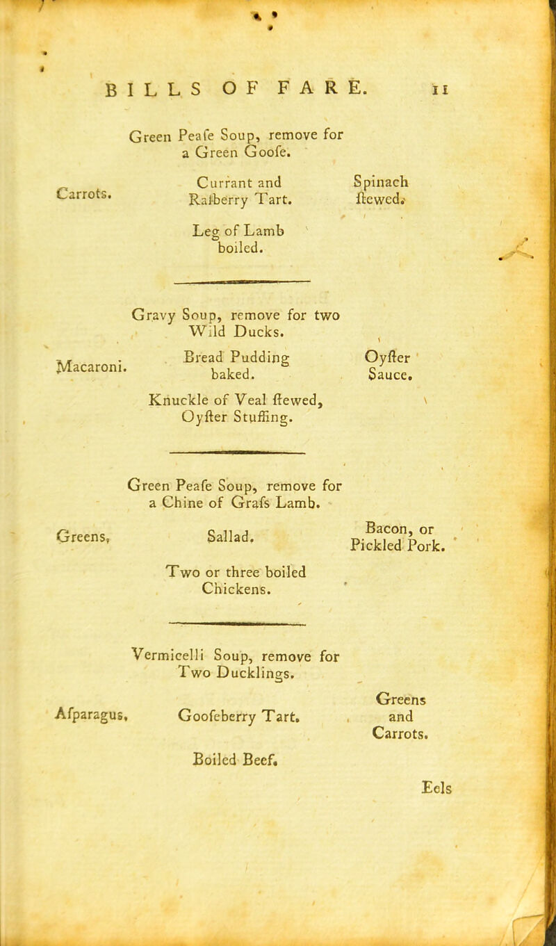 1 # I Green Peal'e Soup, remove for a Green Goofe. Carrots. Currant and Spinach Ralberry Tart. ftewed.' Leg of Lamb boiled. Gravy Soup, remove for two W,ild Ducks. Macaroni. Bread Pudding baked. Oyfter Sauce. Knuckle of Veal ftewed, Oyfter Stuffing. Green Peafe Soup, remove for a Chine of Grafs Lamb. Greens, Sallad. Bacon, or Pickled Pork. Two or three boiled Chickens. Vermicelli S oup, remove for Two Ducklings. Afparagus, Goofcberry Tart, Greens and Carrots. Boiled Beef. Eels