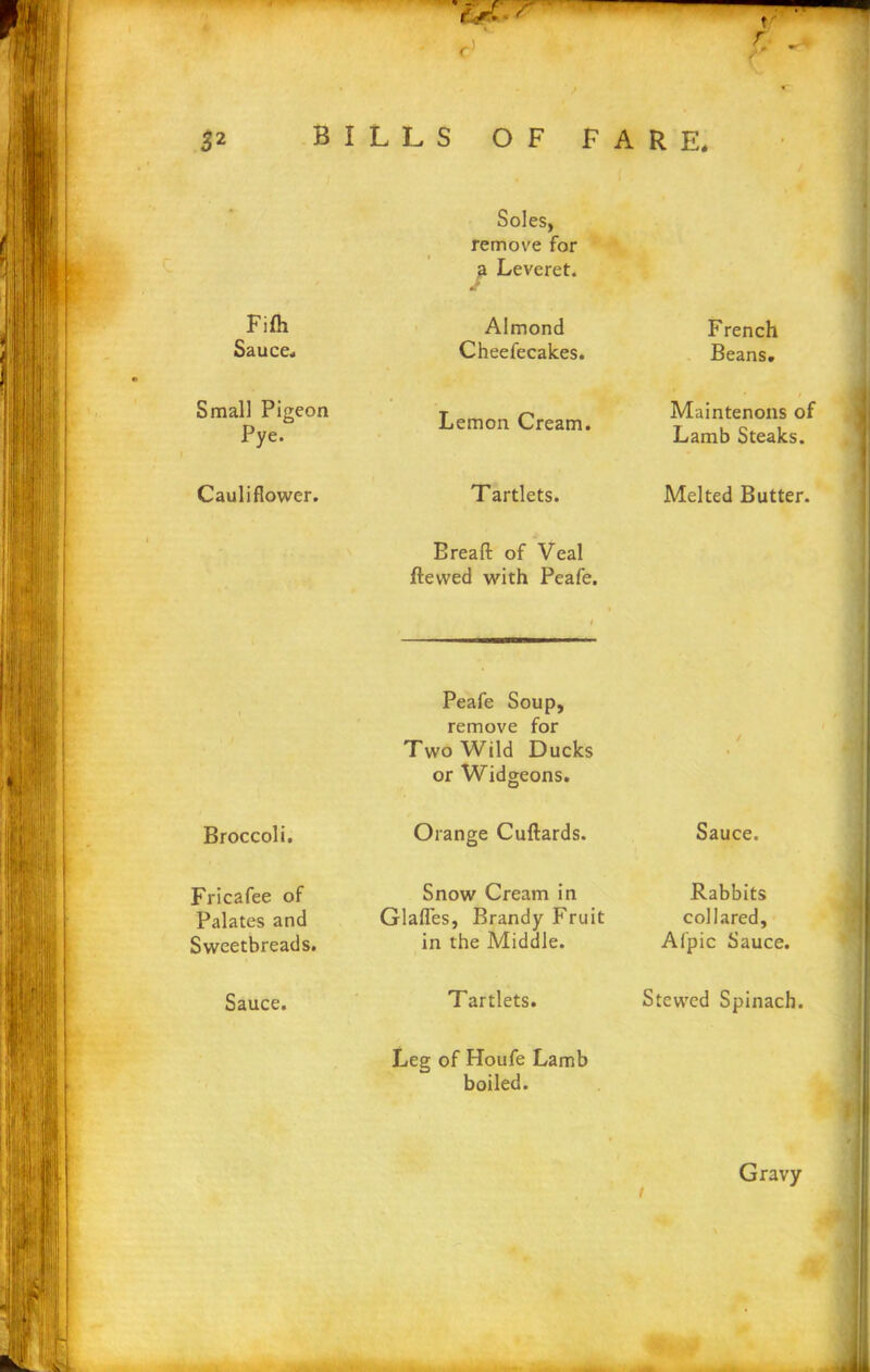 Fifh Sauce. Small Pigeon Pye. Cauliflower. Broccoli. Fricafee of Palates and Sweetbreads. Sauce. r J r Soles, remove for 2 Leveret. *r Almond French Cheefecakes. Beans, Lemon Cream. Maintenons of Lamb Steaks. Tartlets. Melted Butter. Ereafl: of Veal ftewed with Peafe. Peafe Soup, remove for Two Wild Ducks or Widgeons. Orange Cuftards. Sauce. Snow Cream in Glafles, Brandy Fruit in the Middle. Tartlets. Leg of Houfe Lamb boiled. Rabbits collared, Afpic Sauce. Stewed Spinach. Gravy