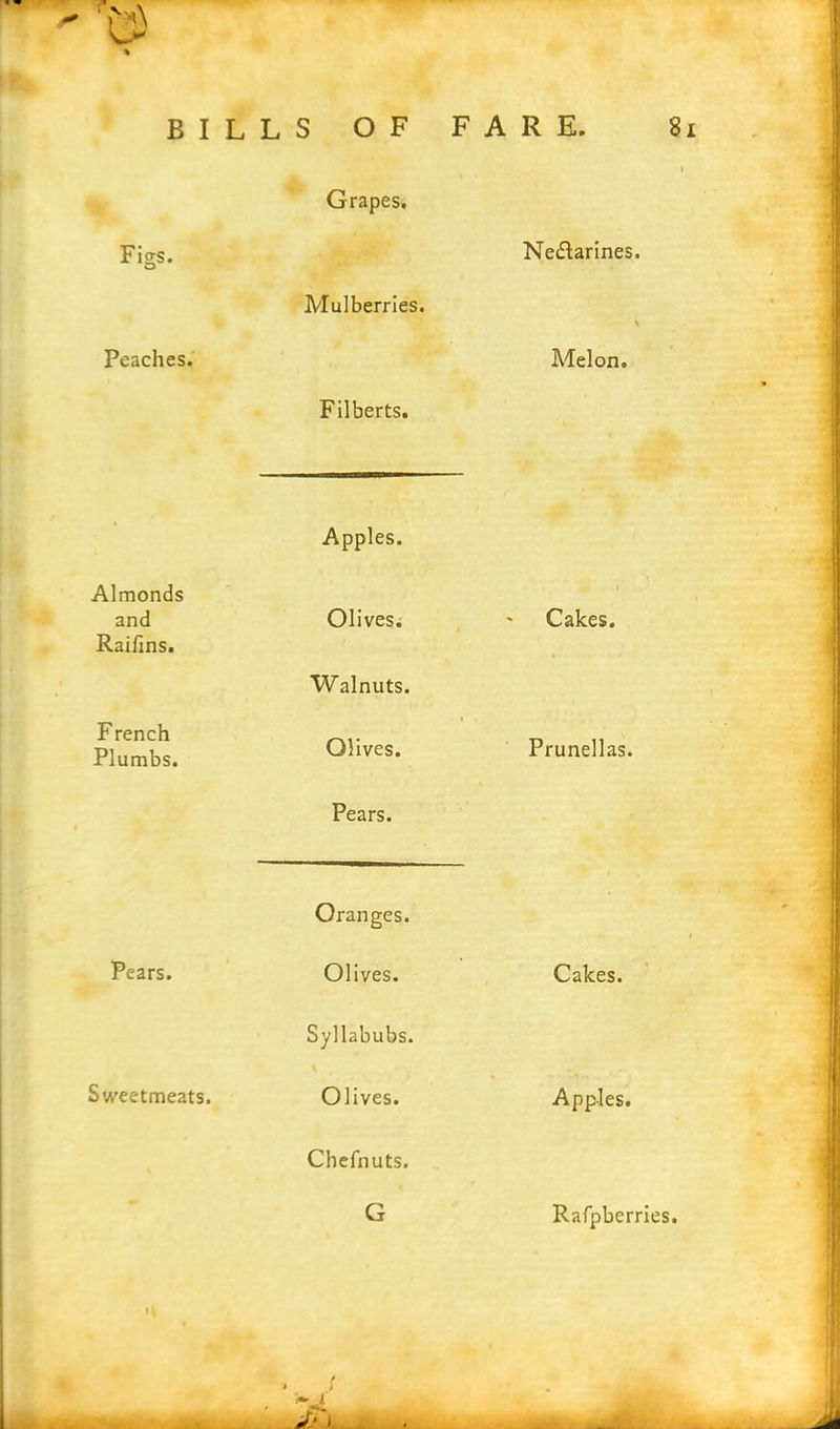 Figs. o Peaches. Grapes. Mulberries. Filberts. Ne&arines. Melon. Apples. Almonds ■ and Olives; Cakes. Raifins. Walnuts. French Plumbs. Olives. i Prunellas. Pears. Oranges. f Pears. Olives. Cakes. Syllabubs. Sweetmeats. Olives. Apples. Chefnuts. G Rafpberries.