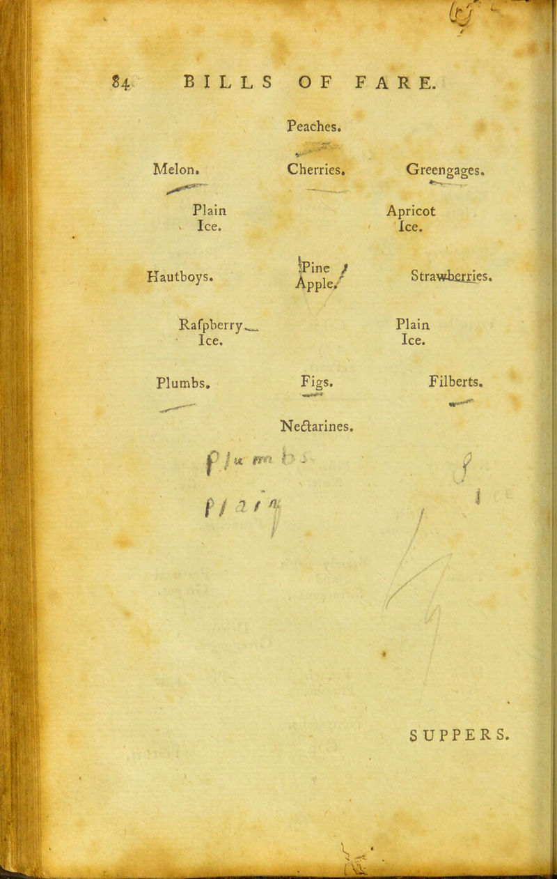 1 84 bills of fare. Melon. Peaches. Cherries. Greengages. Plain v Ice. Apricot Ice. Kautboys. IPine f Apple/ Strawberries. Rafpberry_ Ice. Plain Ice. Plumbs. Figs. Ne&arines. jP f u pm \ '■ : \ f> / cl t r . Filberts. SUPPERS. -