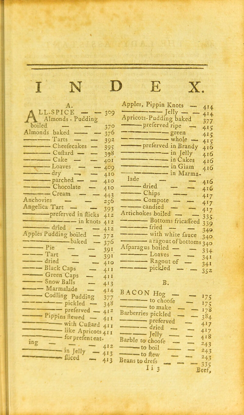 A. ALL-SPICE Almonds - Pudding boiled — — Almonds baked — ■ Tarts — — —— Cheefecakes — —— ■ ■ Cuflard — — Cake — — — Loaves — — dry —, — parched — — Chocolate — ■ Cream — — Anchovies — Angelica Tart — — —— preferved in Hicks — in knots — dried — — Apples Pudding boiled —baked — Pie _ _ Tart — __ dried —. Black Caps Green Caps Snow Balls • — Marmalade — Codling Pudding 1 pickled — — preferved Pippins Hewed —. with Cuflard like Apricots for prefenteat ing — — . __ — in Jelly — fliced — — — 3°9 37° 376 392 395 398 401 409 410 410 410 443 256 393 412 412 412 37 2 376 391 391 410 4* *1 411 41 3 414 377 348 412 4n 411 411 412 413 4*3 Apples, Pippin Knots — Jelly Apncots-Pudding baked ———preferved ripe green ■ whole —. preferved in Brandy in Jelly in Cakes in Giam in Marma- lade • dried — ■ Chips — 1 Compote — • candied — Artichokes boiled Bottoms fricalfeed with white fauce * a ragout of bottoms Afparagus boiled — — Loaves — Ragout of pickled — B. BACON Hog — to choofe to make - Barberries pickled _ preferved —• dried — Jelly Barbie to choofe to boil to Hew Beans to drefs __ _ 3 414 4*4 377 415 415 415 416 416 416 416 416 416 4*7 417 4*7 335 33 9 34® 340 34o 334 34* 34* 352 1 ■ *75 J75 ~ *73 - 384 4*7 4*7 418 243 1 243 243 - 335 Beet,