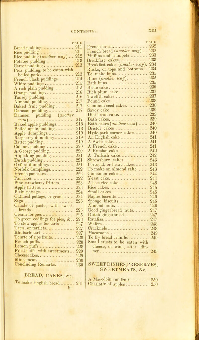 PAGE j Bread pudding 211 Rice pudding 211 Rice pudding (another way).... 212 Potatoe pudding 213 Carrot pudding 213 Peas’ pudding, to be eaten with boiled pork 213 French black puddings 214 White puddings 215 A rich plain pudding 215 Orange pudding 216 Tansey pudding 216 Almond pudding 217 Baked fruit pudding 217 Damson pudding 217 Damson pudding (another way) 217 Baked apple puddings 218 Boiled apple pudding 218 Apple dumplings 219 Raspberry dumplings 219 Batter pudding 219 Cabinet pudding 220 A George pudding 220 A quaking pudding 221 Dutch pudding 221 Oxford dumplings 221 Norfolk dumplings 222 French pancakes 222 Pancakes 222 Pine strawberry fritters 223 Apple fritters 223 Plain pottage 224 Oatmeal pottage, or gruel 224 Sago 225 Canals of paste, with sweet- breads 225 Cream for pies 225 To green codlings for pies, &c. 226 To stew apples for tarts 227 Tarts, or tartlets 227 Rhubarb tart 227 Tourte of ripe fruits 228 French puffs 228 Lemon puffs 228 Fried puffs, with sweetmeats... 229 Cheesecakes 229 Mincemeat 230 Concluding Remarks 230 BREAD, CAKES, &c. To make English bread 231 b PAGE French bread 232 French bread (another way) ... 232 Muffins and crumpets 233 Breakfast cakes • • ■ 233 Breakfast cakes (another way). 234 Rusks, or tops and bottoms... 234 To make buns 235 Buns (another ivay) 235 Bath buns 235 Bride cake 236 Rich plum cake 237 Twelfth cakes 237 Pound cake 238 Common seed cakes 238 Savoy cake 239 Diet bread cake 239 Bath cakes 239 Bath cakes (another way) 240 Bristol cakes 240 Hyde-park-comer cakes 240 An English cake 241 A Swiss cake 241 A French cake 241 A Russian cake 242 A Turkish cake 242 Shrewsbury cakes 243 Portugal, or heart cakes 243 To make an almond cake 243 Cinnamon cakes 244 Yeast cake 244 A best rice cake 245 Rice cakes 245 Small cakes 245 Naples biscuits 246 Sponge biscuits 246 Almond nuts 246 Good gingerbread nuts 247 Dutch gingerbread 247 Ratafias 247 Wafers 248 Cracknels 248 Macaroons 249 To fry bread crumbs 249 Small crusts to be eaten with cheese, or wine, after din- ner 249 SWEET DISHES,PRESERVES, SWEETMEATS, &c. A Macedoine of fruit 250 Charlotte of apples 250