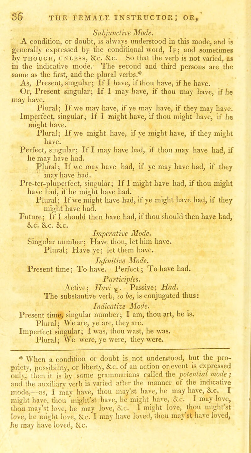 Subjunctive Mode. A condition, or doubt, is always understood in this mode, and is generally expressed by the conditional word, If; and sometimes by though, unless, &c. Sic. So that the verb is not varied, as in the indicative mode. The second and third persons are the same as the first, and the plural verbs.* As, Present, singular; If I have, if thou have, if he have. Or, Present singular; If I may have, if thou may have, if he may have. Plural; If we may have, if ye may have, if they may have. Imperfect, singular; If I might have, if thou might have, if he might have. Plural; If we might have, if ye might have, if they might have. Perfect, singular; If I may have had, if thou may have had, if he may have had. Plural; If we may have had, if ye may have had, if they may have had. Pre-tcr-pluperfect, singular; If I might have had, if thou might have had, if he might have had. Plural; If we might have had, if ye might have had, if they might have had. Future; If I should then have had, if thou should then have had, &c. Sic. Sic. Imperative Mode. Singular number; Have thou, let him have. Plural; Have ye; let them have. Injinitivc- Mode. Present time; To have. Perfect; To have had. Participles. Active; Huvi «£. Passive; Had. The substantive verb, to be, is conjugated thus: Indicative Mode. Present time, singular number; I am, thou art, he is. Plural; We are, ye are, they are. Imperfect singular; I was, thou wast, he was. Plural; We were, ye were, they were. * When a condition or doubt is not understood, but the pro- priety, possibility, or liberty, &c. of an action or event is expressed only, then it is by some grammarians called the potential mode; and the auxiliary verb is varied after the manner of the indicative mode,—as, I may have, thou may’st have, he may have, &c. I might have, thou might’st have, he might have, Sic. 1 may love, thou may’st love, lie may love, Sic. 1 might love, thou might st love, he might love, Sec. I may have loved, thou may st have loved, he may have loved, tec.