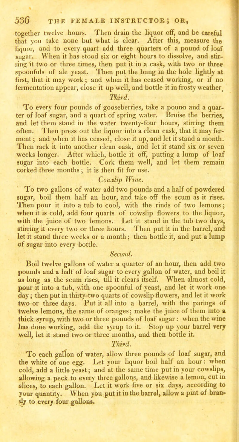 together twelve hours. Then drain the liquor off, and be careful that you take none but what is clear. After this, measure the liquor, and to every quart add three quarters of a pound of loaf sugar. When it has stood six or eight hours to dissolve, and stir- ring it two or three times, then put it in a cask, with two or three spoonfuls of ale yeast. Then put the bung in the hole lightly at first, that it may work ; and when it has ceased working, or if no fermentation appear, close it up well, and bottle it in frosty w eather. Third. To every four pounds of gooseberries, take a pound and a quar- ter of loaf sugar, and a quart of spring water. Bruise the berries, and let them stand in the water twenty-four hours, stirring them often. Then press out the liquor into a clean cask, that it may fer- ment ; and when it has ceased, close it up, and let it stand a month. Then rack it into another clean cask, and let it stand six or seven weeks longer. After which, bottle it off, putting a lump of loaf sugar into each bottle. Cork them well, and let them remain corked three months ; it is then fit for use. Cowslip Wine. To tw'O gallons of water add two pounds and a half of powdered sugar, boil them half an hour, and take off the scum as it rises. Then pour it into a tub to cool, with the rinds of two lemons; when it is cold, add four quarts of cowslip flowers to the liquor, with the juice of two lemons. Let it stand in the tub two days, stirring it every two or three hours. Then put it in the barrel, and let it stand three weeks or a month; then bottle it, and put a lump of sugar into every bottle. Second. Boil twelve gallons of water a quarter of an hour, then add two pounds and a half of loaf sugar to every gallon of water, and boil it as long as the scum rises, till it clears itself. When almost cold, pour it into a tub, with one spoonful of yeast, and let it work one day; then put in thirty-tw o quarts of cowslip flowers, and let it work two or three days. Put it all into a barrel, with the parings of twelve lemons, the same of oranges; make the juice of them into a thick syrup, with two or three pounds of loaf sugar : when the w ine has done working, add the syrup to it. Stop up your barrel very well, let it stand two or three months, and then bottle it. Third. To each gallon of water, allow three pounds of loaf sugar, and the white of one egg. Let your liquor boil half an hour: when cold, add a little yeast; and at the same time put in your cowslips, allowing a peck to every three gallons, and likewise a lemon, cut in slices, to each gallon. Let it work live or six days, according to your quantity. When you put it in the barrel, allow a pint of bran- dy to every four gallons.