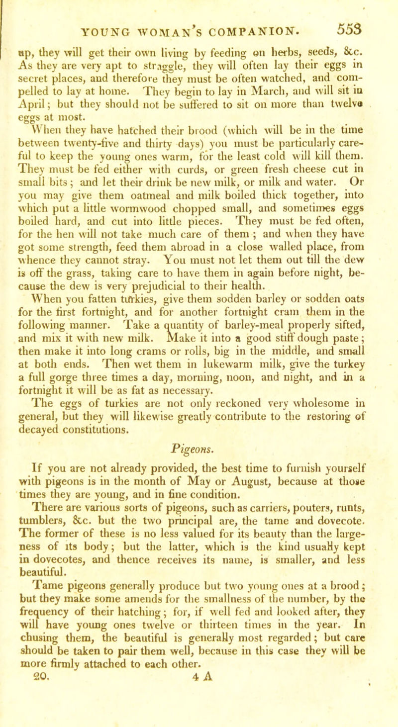 ap, they will get their own living by feeding ©n herbs, seeds, &c. As they are very apt to straggle, they will often lay their eggs in secret places, and therefore they must be often watched, and com- pelled to lay at home. They begin to lay in March, and will sit in April; but they should not be suffered to sit on more than twelve eggs at most. When they have hatched their brood (which will be in the time between twenty-five and thirty days) you must be particularly care- ful to keep the young ones warm, for the least cold will kill them. They must be fed either with curds, or green fresh cheese cut in small bits; and let their drink be new milk, or milk and water. Or you may give them oatmeal and milk boiled thick together, into which put a little wormwood chopped small, and sometimes eggs boiled hard, and cut into little pieces. They must be fed often, for the hen will not take much care of them ; and when they have got some strength, feed them abroad in a close walled place, from whence they cannot stray. You must not let them out till the dew is oft the grass, taking care to have them in again before night, be- cause the dew is very prejudicial to their health. When you fatten tifrkies, give them sodden barley or sodden oats for the first fortnight, and for another fortnight cram them in the following manner. Take a quantity of barley-meal properly sifted, and mix it with new milk. Make it into a good stiff dough paste; then make it into long crams or rolls, big in the middle, and small at both ends. Then wet them in lukewarm milk, give the turkey a full gorge three times a day, morning, noon, and night, and in a fortnight it will be as fat as necessary. The eggs of turkies are not only reckoned very wholesome in general, but they will likewise greatly contribute to the restoring of decayed constitutions. Pigeons. If you are not already provided, the best time to furnish yourself with pigeons is in the month of May or August, because at those times they are young, and in fine condition. There are various sorts of pigeons, such as carriers, pouters, runts, tumblers, &c. but the two principal are, the tame and dovecote. The former of these is no less valued for its beauty than the large- ness of its body; but the latter, which is the kind usuaHy kept in dovecotes, and thence receives its name, is smaller, and less beautiful. Tame pigeons generally produce but two young ones at a brood; but they make some amends for the smallness of the number, by the frequency of their hatching; for, if well fed and looked after, they will have young ones twelve or thirteen times in the year. In chusing them, the beautiful is generally most regarded; but care should be taken to pair them well, because in this case they will be more firmly attached to each other. 20. 4 A