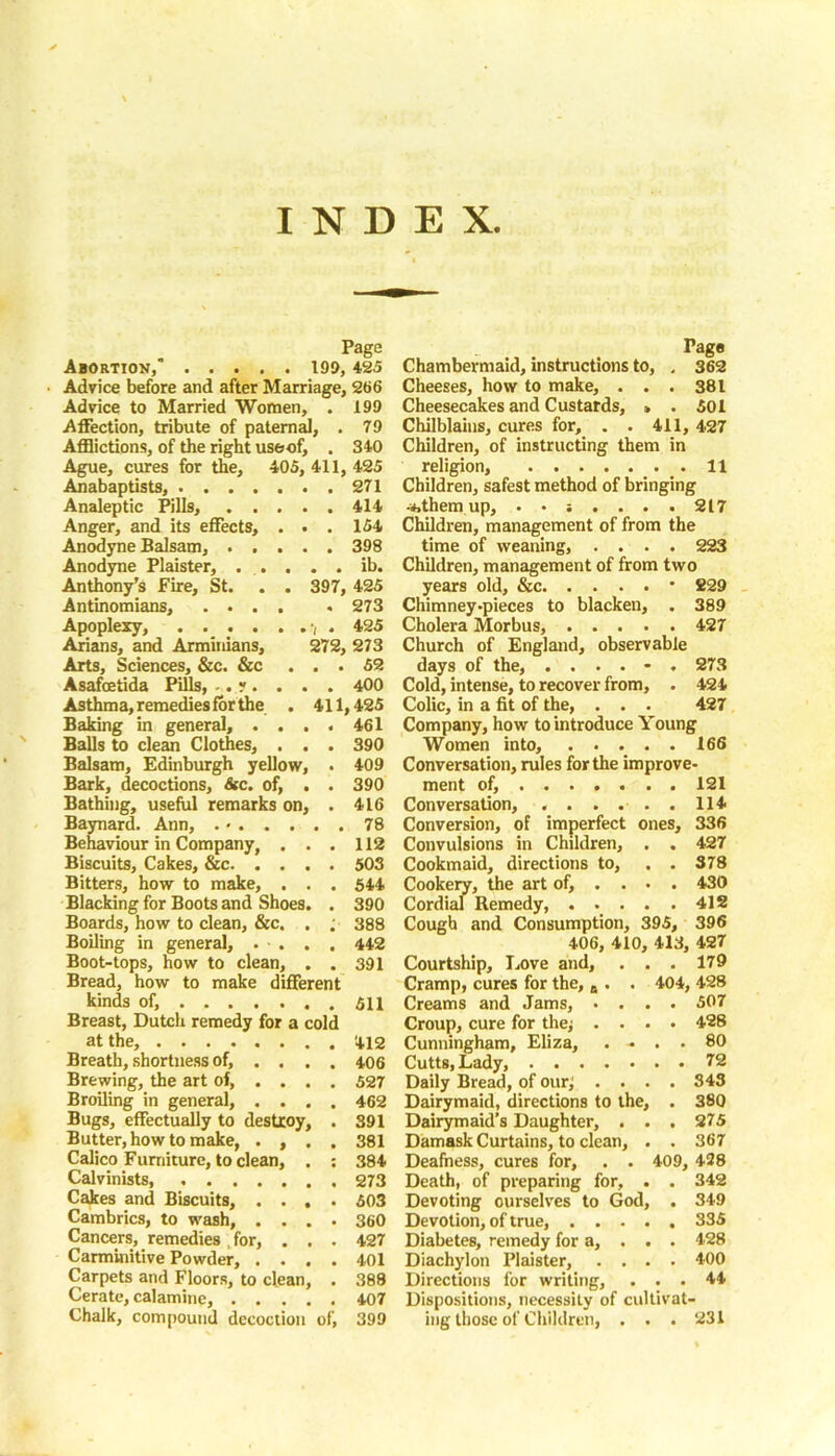 INDEX Abortion, 199,425 Advice before and after Marriage, 266 Advice to Married Women, . 199 Affection, tribute of paternal, . 79 Afflictions, of the right useof, . 340 Ague, cures for the, 405,411,425 Anabaptists, 271 Analeptic Pills, 414 Anger, and its effects, ... 154 Anodyne Balsam, 398 Anodyne Plaister, . . . . . ib. Anthony’s Fire, St. . . 397, 425 Antinomians, .... . 273 Apoplexy, . 425 Arians, and Arminians, 272, 273 Arts, Sciences, &c. &c ... 52 Asafcetida Pills, •. ?. . . . 400 Asthma, remedies for the . 411,425 Baking in general, .... 461 Balls to clean Clothes, . . . 390 Balsam, Edinburgh yellow, . 409 Bark, decoctions, &c. of, . . 390 Bathing, useful remarks on, . 416 Baynard. Ann, . • 78 Behaviour in Company, ... 112 Biscuits, Cakes, &c. .... 503 Bitters, how to make, . . . 544 Blacking for Boots and Shoes. . 390 Boards, how to clean, &c. . ; 388 Boiling in general, . . . . 442 Boot-tops, how to clean, . . 391 Bread, how to make different kinds of, 511 Breast, Dutch remedy for a cold at the, 412 Breath, shortness of, .... 406 Brewing, the art of, ... . 527 Broiling in general, .... 462 Bugs, effectually to destroy, . 391 Butter, how to make, . , . . 381 Calico Furniture, to clean, . : 384 Calvinists 273 Cakes and Biscuits, .... 503 Cambrics, to wash, .... 360 Cancers, remedies for, ... 427 Carminitive Powder, .... 401 Carpets and Floors, to clean, . 388 Cerate, calamine, 407 Chalk, compound decoction of, 399 Page Chambermaid, instructions to, . 362 Cheeses, how to make, . . . 381 Cheesecakes and Custards, » . 501 Chilblains, cures for, . . 411, 427 Children, of instructing them in religion, 11 Children, safest method of bringing -yhthem up, 217 Children, management of from the time of weaning, .... 223 Children, management of from two years old, &c * 229 Chimney.pieces to blacken, . 389 Cholera Morbus, 427 Church of England, observable days of the, ...... 273 Cold, intense, to recover from, . 424 Colic, in a fit of the, . . . 427 Company, how to introduce Young Women into, 166 Conversation, rules for the improve- ment of, 121 Conversation, . . . . . . 114 Conversion, of imperfect ones, 336 Convulsions in Children, . . 427 Cookmaid, directions to, . . 378 Cookeiy, the art of, ... . 430 Cordial Remedy, ..... 412 Cough and Consumption, 395, 396 406, 410, 413, 427 Courtship, Love and, . . . 179 Cramp, cures for the, a . . 404, 428 Creams and Jams, .... 507 Croup, cure for the; .... 428 Cunningham, Eliza, . - . .80 Cutts, Lady, 72 Daily Bread, of our; .... 343 Dairymaid, directions to the, . 380 Dairymaid’s Daughter, . . . 275 Damask Curtains, to clean, . . 367 Deafness, cures for, . . 409, 428 Death, of preparing for, . . 342 Devoting ourselves to God, . 349 Devotion, of true, 335 Diabetes, remedy for a, . . . 428 Diachylon Plaister, .... 400 Directions for writing, ... 44 Dispositions, necessity of cultivat- ing those of Children, . . . 231