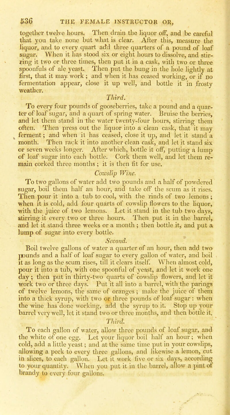 together twelve hours. Then drain the liquor off, and be careful that you take none but what is clear. After this, measure the liquor, and to every quart add three quarters of a pound of loaf sugar. When it has stood six or eight hours to dissolve, and stir- ring it two or three times, then put it in a cask, with two or three spoonfuls of ale yeast. Then put the bung in the hole lightly at first, that it may work ; and when it has ceased working, or if no fermentation appear, close it up well, and bottle it in frosty weather. Third. To every four pounds of gooseberries, take a pound and a quar- ter of loaf sugar, and a quart of spring water. Bruise the berries, and let them stand in the water twenty-four hours, stirring them often. Then press out the liquor into a clean cask, that it may ferment; and when it has ceased, close it up, and let it stand a month. Then rack it into another clean cask, and let it stand six or seven weeks longer. After which, bottle it off, putting a lump of loaf sugar into each bottle. Cork them well, and let them re- main corked three months ; it is then fit for use. Cowslip Wine. To two gallons of water add two pounds and a half of powdered sugar, boil them half an hour, and take off the scum as it rises. Then pour it into a tub to cool, with the rinds of two lemons; when it is cold, add four quarts of cowslip flowers to the liquor, with the juice of two lemons. Let it stand in the tub two days, stirring it every two or three hours. Then put it in the barrel, and let it stand three weeks or a month ; then bottle it, and put a lump of sugar into every bottle. Second. Boil twelve gallons of water a quarter of an hour, then add two pounds and a half of loaf sugar to every gallon of water, and boil it as long as the scum rises, till it clears itself. When almost cold, pour it into a tub, with one spoonful of yeast, and let it work one day; then put in thirty-two quarts of cowslip flowers, and let it work two or three days. Put it all into a barrel, with the parings of twelve lemons, the same of oranges ; make the juice of them into a thick syrup, with two or three pounds of loaf sugar: when the wine has done working, add the syrup to it. Stop up your barrel very well, let it stand two or three months, and then bottle it. Third. To each gallon of water, allow three pounds of loaf sugar, and the white of one egg. Let your liquor boil half an hour; when cold, add a little yeast; and at the same time put in your cowslips, allowing a peck to every three gallons, and likewise a lemon, cut in slices, to each gallon. Let it work five or six days, according to your quantity. When you put it in the barrel, allow a pint of brandy to every four gallons.
