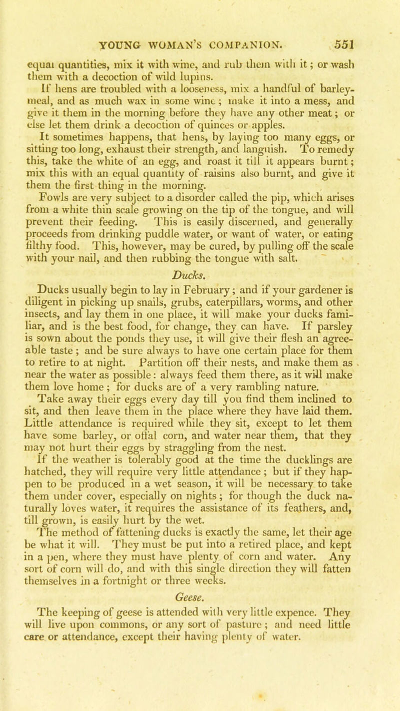 equal quantities, mix it with wine, and rub than with it; or wash them with a decoction of wild lupins. If hens are troubled with a looseness, mix a handful of barley- meal, and as much wax in some wine; make it into a mess, and give it them in the morning before they have any other meat; or else let them drink a decoction of quinces or apples. It sometimes happens, that hens, by laying too many eggs, or sitting too long, exhaust their strength, and languish. To remedy this, take the white of an egg, and roast it till it appears burnt; mix this with an equal quantity of raisins also burnt, and give it them the first tiling in the morning. Fowls are very subject to a disorder called the pip, which arises from a white thin scale growing on the tip of the tongue, and will prevent their feeding. This is easily discerned, and generally proceeds from drinking puddle water, or want of water, or eating filthy food. This, however, may be cured, by pulling off the scale with your nail, and then rubbing the tongue with salt. Ducks. Ducks usually begin to lay in February; and if your gardener is diligent in picking up snails, grubs, caterpillars, worms, and other insects, and lay them in one place, it will make your ducks fami- liar, and is the best food, for change, they can have. If parsley is sown about the ponds they use, it will give their flesh an agree- able taste; and be sure always to have one certain place for them to retire to at night. Partition off their nests, and make them as near the water as possible: always feed them there, as it will make them love home ; for ducks are of a very rambling nature. Take away their eggs every day till you find them inclined to sit, and then leave them in the place where they have laid them. Little attendance is required while they sit, except to let them have some barley, or offal corn, and water near them, that they may not hurt their eggs by straggling from the nest. If the weather is tolerably good at the time the ducklings are hatched, they will require very little attendance ; but if they hap- pen to be produced in a wret season, it will be necessary to take them under cover, especially on nights; for though the duck na- turally loves water, it requires the assistance of its feathers, and, till grown, is easily hurt by the wet. The method of fattening ducks is exactly the same, let their age be what it will. They must be put into a retired place, and kept in a pen, where they must have plenty of corn and water. Any sort of corn will do, and with this single direction they will fatten themselves in a fortnight or three weeks. Geese. The keeping of geese is attended with very little expence. They will live upon commons, or any sort of pasture; and need little care or attendance, except their having plenty of water.