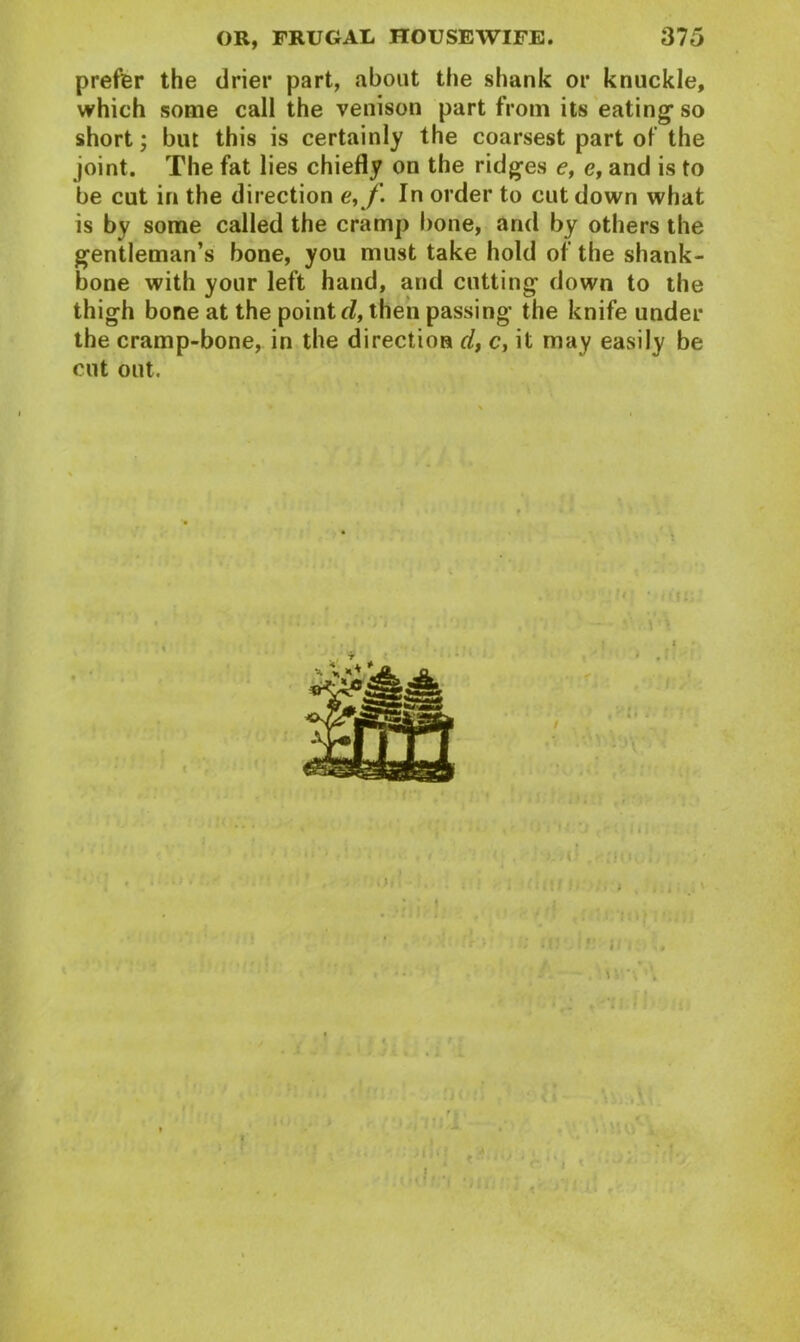 prefer the drier part, about the shank or knuckle, which some call the venison part from its eating’so short; but this is certainly the coarsest part of the joint. The fat lies chiefly on the ridges e, e, and is to be cut in the direction e,f. In order to cut down what is by some called the cramp bone, and by others the gentleman’s bone, you must take hold of the shank- bone with your left hand, and cutting down to the thigh bone at the points, then passing the knife under the cramp-bone, in the direction d, c, it may easily be cut out. fI« , *] - • aVMr 1 t» «t • # i I .'tViiiXf ir f / * J.%