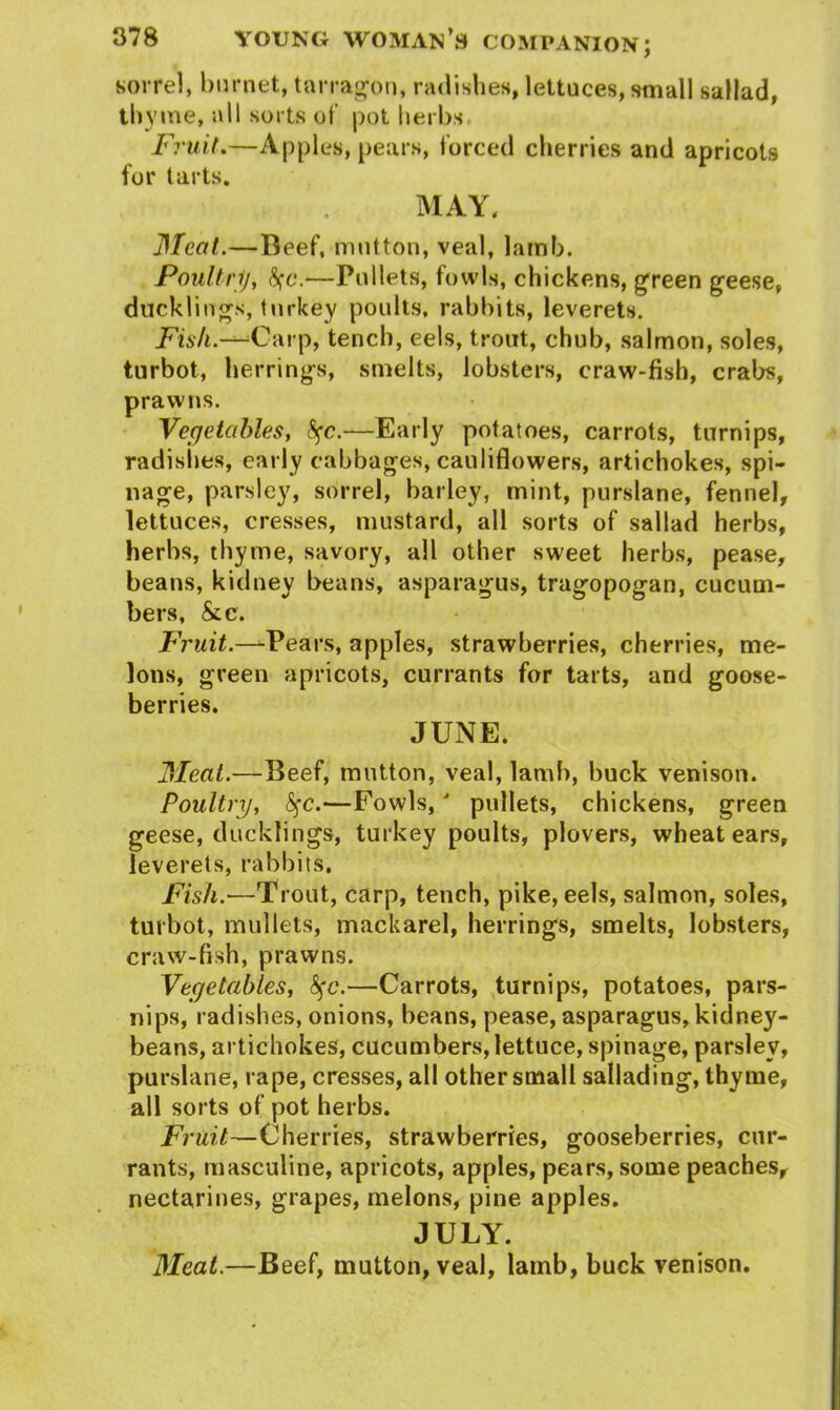 sorrel, hornet, tarragon, radishes, lettuces, small sallad, thyme, all sorts of pot herbs Fruit.—Apples, pears, forced cherries and apricots for tarts. MAY. Meat.—Beef, mutton, veal, lamb. Poultry, $fc.—Pullets, fowls, chickens, green geese, ducklings, turkey poults, rabbits, leverets. Fish.-^Carp, tench, eels, trout, chub, salmon, soles, turbot, herrings, smelts, lobsters, craw-fish, crabs, prawns. Vegetables, fyc.—Early potatoes, carrots, turnips, radishes, early cabbages, cauliflowers, artichokes, spi- llage, parsley, sorrel, barley, mint, purslane, fennel, lettuces, cresses, mustard, all sorts of sallad herbs, herbs, thyme, savory, all other sweet herbs, pease, beans, kidney beans, asparagus, tragopogan, cucum- bers, &c. Fruit.—Pears, apples, strawberries, cherries, me- lons, green apricots, currants for tarts, and goose- berries. JUNE. Meat.—Beef, mutton, veal, lamb, buck venison. Poultry, <§fc.—Fowls,' pullets, chickens, green geese, ducklings, turkey poults, plovers, wheat ears, leverets, rabbits. Fish.—Trout, carp, tench, pike, eels, salmon, soles, turbot, mullets, mackarel, herrings, smelts, lobsters, craw-fish, prawns. Vegetables, 5fc.—Carrots, turnips, potatoes, pars- nips, radishes, onions, beans, pease, asparagus,kidney- beans, artichokes, cucumbers, lettuce, spinage, parsley, purslane, rape, cresses, all other small sallading, thyme, all sorts of pot herbs. Fruit—Cherries, strawberries, gooseberries, cur- rants, masculine, apricots, apples, pears, some peaches, nectarines, grapes, melons, pine apples. JULY. Meat.—Beef, mutton, veal, lamb, buck venison.