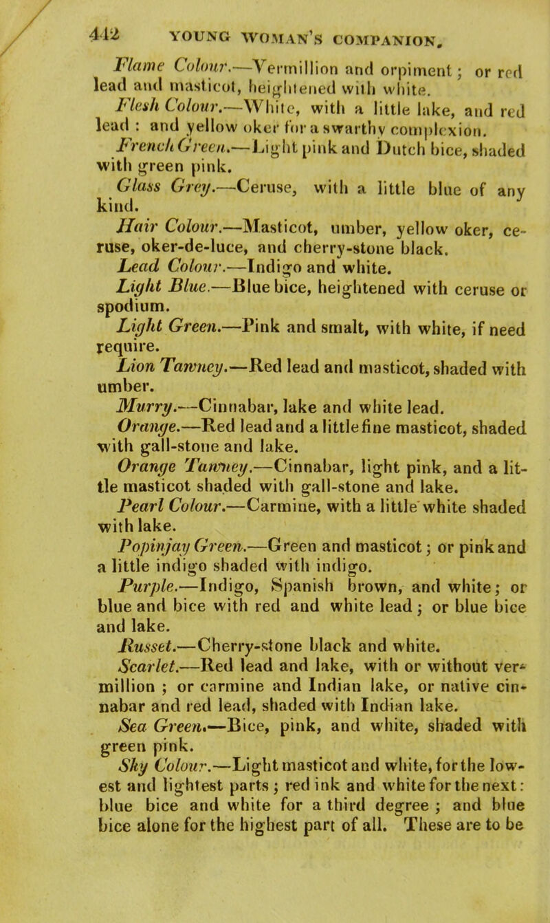 Flame Colour.-—\ ermillion and orpimerit j or rod lead and masticot, heighteneci vviili white. Flash Colour.—White, with a little lake, and red lead : and yellow oker lor a swarthy complexion. French Green.—Light pink and Dutch bice, shaded with green pink. Glass Gray.—Ceruse, with a little blue of anv kind. Hair Colour.—Masticot, umber, yellow oker, ce- ruse, oker-de-luce, and cherry-stone black. Lead Colour.—Indigo and white. Light Blue.—Blue bice, heightened with ceruse or spodium. Light Green.—Pink and smalt, with white, if need require. Lion Tarvncy.—Red lead and masticot, shaded with umber. Murry.—Cinnabar, lake and white lead. Orange.—Red lead and a little fine masticot, shaded with gall-stone and lake. Orange Tanfney.—Cinnabar, light pink, and a lit- tle masticot shaded with gall-stone and lake. Pearl Colour.—Carmine, with a little white shaded with lake. Popinjay Green.—Green and masticot; or pink and a little indioo shaded with indigo. Purple.—Indigo, Spanish brown, and white; or blue and bice with red and white lead; or blue bice and lake. Jlusset.—Cherry-stone black and white. Scarlet.—Red lead and lake, with or without ver* million ; or carmine and Indian lake, or native cin- nabar and red lead, shaded with Indian lake. Sea Green.—Bice, pink, and white, shaded with green pink. Sky Colour.—Light masticot and white, for the lovr- est and lightest parts; redink and w'hite for the next: blue bice and white for a third degree ; and blue bice alone for the highest part of all. These are to be