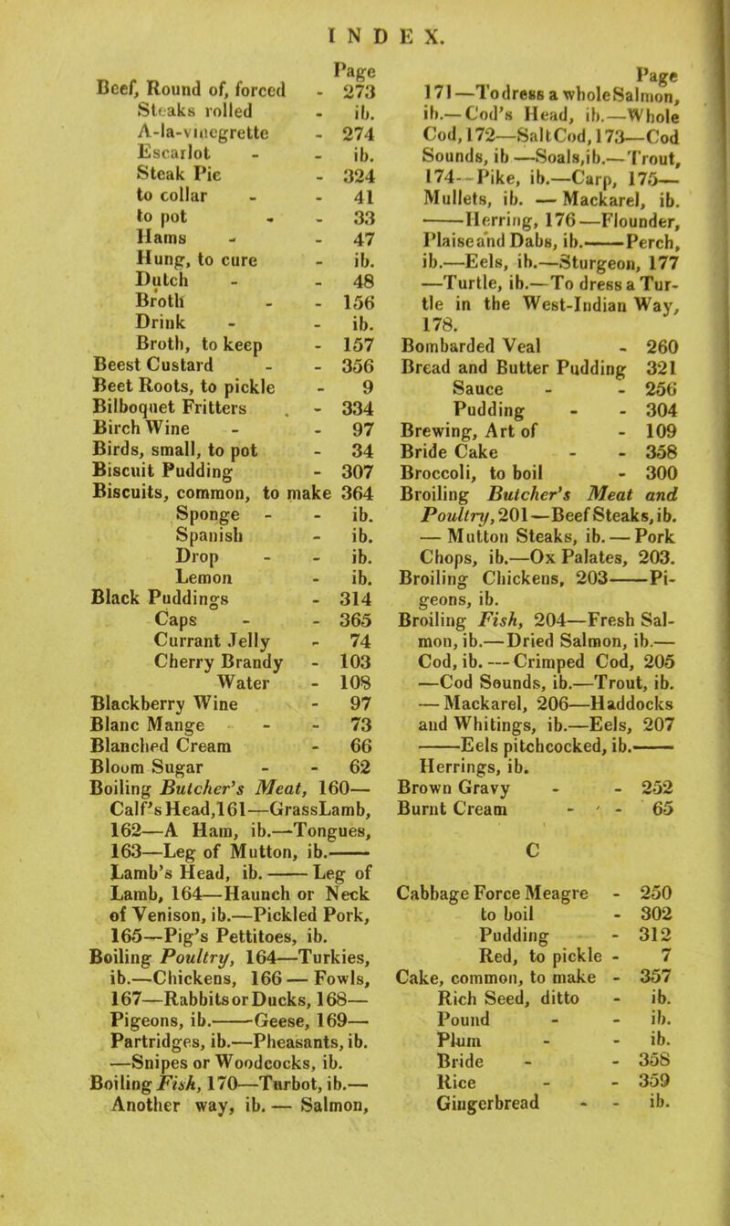 Beef, Round of, forced Page 273 Steaks rolled • ib. A-la-viucgrette - 274 Escarlot ib. Steak Pic 324 to collar . 41 to pot • 33 Hams . 47 Hung, to cure - ib. Dutch - 48 Broth 156 Drink - ib. Broth, to keep - 157 Beest Custard _ 356 Beet Roots, to pickle - 9 Bilboquet Fritters - 334 Birch Wine 97 Birds, small, to pot 34 Biscuit Pudding - 307 Biscuits, common, to make 364 Sponge - ib. Spanish - ib. Drop - ib. Lemon - ib. Black Puddings • 314 Caps - 365 Currant Jelly f- 74 Cherry Brandy - 103 Water - 108 Blackberry Wine - 97 Blanc Mange - 73 Blanched Cream - 66 Bloom Sugar - 62 Boiling Butcher’s Meat, 160— Calf's Head, 161—GrassLamb, 162— A Ham, ib.—Tongues, 163— Leg of Mutton, ib. Lamb’s Head, ib. Leg of Lamb, 164—Haunch or Neck of Venison, ib.—Pickled Pork, 165—Pig’s Pettitoes, ib. Boiling Poultry, 164—Turkies, ib.—Chickens, 166 — Fowls, 167—Rabbits or Ducks, 168— Pigeons, ib. Geese, 169— Partridges, ib.—Pheasants, ib. —Snipes or Woodcocks, ib. Boiling Fish, 170—Turbot, ib.— Another way, ib. — Salmon, Page 171 —Todre8s a whole Salmon, ib.—Cod’s Head, ib.—Whole Cod, 172—SaltCod,173—Cod Sounds, ib—Soals,ib.— Trout, 174—Pike, ib.—Carp, 175- Mullets, ib. —Mackarel, ib. • Herring, 176—Flounder, Plaisea'nd Dabs, ib. Perch, ib.—Eels, ib.—Sturgeon, 177 —Turtle, ib.—To dress a Tur- tle in the West-Indian Way, 178. Bombarded Veal .. 260 Bread and Butter Pudding 321 Sauce • 256 Pudding - 304 Brewing, Art of - 109 Bride Cake • 358 Broccoli, to boil - 300 Broiling Butcher’s Meat and Poultry, 201 —Beef Steaks, ib. — Mutton Steaks, ib. — Pork Chops, ib.—Ox Palates, 203. Broiling Chickens, 203 Pi- geons, ib. Broiling Fish, 204—Fresh Sal- mon, ib.— Dried Salmon, ib.— Cod, ib. — Crimped Cod, 205 —Cod Sounds, ib.—Trout, ib. — Mackarel, 206—Haddocks and Whitings, ib.—Eels, 207 Eels pitchcocked, ib. Herrings, ib. Brown Gravy - 252 Burnt Cream - ' • < - 65 C Cabbage Force Meagre - 250 to boil - 302 Pudding - 312 Red, to pickle 7 Cake, common, to make - 357 Rich Seed, ditto ib. Pound ib. Plum ib. Bride - 358 Rice - 359 Gingerbread