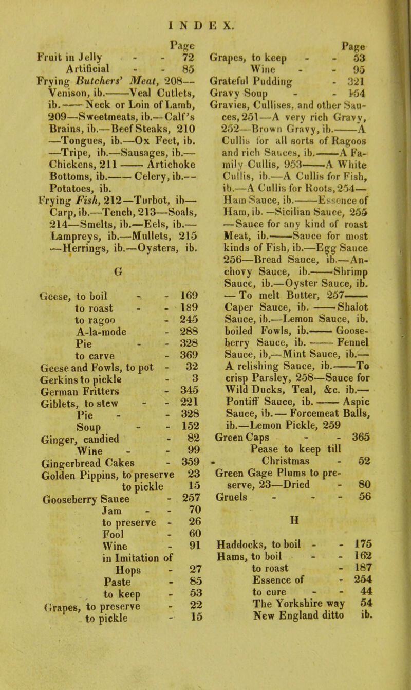 Page Fruit in Jelly - 72 Artificial - - 85 Frying Butchers' Meat, 208— Venison, ib. Veal Cutlets, ib. Neck or Loin of Lamb, 209—Sweetmeats, ib.—Calf’s Brains, ib.—Beefsteaks, 210 —Tongues, ib.—Ox Feet, ib. —Tripe, ib.—Sausages, ib.— Chickens, 211 Artichoke Bottoms, ib. Celery, ib.— Potatoes, ib. Frying Fish, 212—Turbot, ib— Carp, ib.—Tench, 213—Soals, 214—Smelts, ib.—Eels, ib.— Lampreys, ib.—Mullets, 215 •—Herrings, ib.—Oysters, ib. G Geese, to boil - - 169 to roast - - 189 to ragoo - 245 A-la-mode - 288 Pie - - 328 to carve - 369 Geese and Fowls, to pot - 32 Gerkins to pickle - 3 Germau Fritters - 345 Giblets, to stew - - 221 Pie - - 328 Soup - - 152 Ginger, candied - 82 Wine - - 99 Gingerbread Cakes - 359 Golden Pippins, to preserve 23 to pickle 15 Gooseberry Sauee - 257 Jam 70 to preserve - 26 Fool - 60 Wine - 91 in Imitation of Hops - 27 Paste - 85 to keep - 53 Grapes, to preserve - 22 to pickle - 15 Page Grapes, to keep - - 53 Wine - 95 Grateful Pudding - 321 Gravy Soup - - f54 Gravies, Cullises, and other Sau- ces, 251—A very rich Gravy, 202—Brown Gravy, ib. A Cullis lor all sorts of Ragoos and rich Sauces, ib. A Fa- mily Cullis, 953 A White Cullis, ib.—A Cullis for Fish, ib.—A Cullis for Roots,254— Ham Sauce, ib. Essence of Ham, ib. —Sicilian Sauce, 255 —Sauce for any kind of roast Meat, ib.—-Sauce for most kinds of Fish, ib.—Egg Sauce 256—Bread Sauce, ib.—An- chovy Sauce, ib. Shrimp Sauce, ib.—Oyster Sauce, ib. — To melt Butter, 257 Caper Sauce, ib. Shalot Sauce, ib.—Lemon Sauce, ib. boiled Fowls, ib.-' Goose- berry Sauce, ib. Fennel Sauce, ib,—Mint Sauce, ib.— A relishing Sauce, ib. To crisp Parsley, 258—Sauce for Wild Ducks, Teal, &c. ib.— Pontiff Sauce, ib. Aspic Sauce, ib.— Forcemeat Balls, ib.—Lemon Pickle, 259 Green Caps - - 365 Pease to keep till Christmas - 52 Green Gage Plums to pre- serve, 23—Dried - 80 Gruels - 56 H Haddocks, to boil - - 175 Hams, to boil - - 162 to roast - 187 Essence of - 254 to cure - 44 The Yorkshire way 54 New England ditto ib.