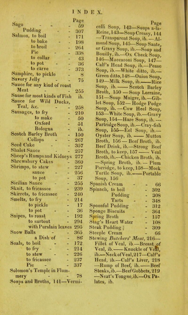 \ INDEX. Sago _ Pudding Salmon, to boil to bake to broil Pie to collar to pot to carve Samphire, to pickle Savory Jelly Sauce for any kind of roast Meat Sause for most kinds of Fish Page 59 307 171 198 264 338 43 36 373 8 75 Sauce for Wild Ducks, Teal, &c. - . 258 Sausages, to fry _ 210 to make - 50 Oxford - 51 Bologna - ib. Scotch Barley Broth - 150 Collops - - 267 Seed Cake - - 357 Shalot Sauce - _ 257 Sheep’s Rumps and Kidneys 277 Shrewsbury Cakes - 360 Shrimps, to stew - 227 sauce - - 256 to pot - 37 Sicilian Sauce - - 255 Skait, to fricassee - 239 Skirrets, to fricassee - 240 Smelts, to fry - 214 to pickle - 17 to pot 36 Snipes, to roast - 192 to surtout - 294 withPurslain leaves 295 Snow Balls - - 365 a Dish of - 86' Soals, to boil - - 172 to fry - - 214 to stew - - 226 to fricassee - 237 Pie - - 337 Solomon’s Temple in Flum- mery - 78 Soups and Broths, 141—Vermi- ... Page celh Soup, 142—Soups a-la- Reine,143—SoupCressy, 144 —Transparent Soup, ib. — Al- mond Soup, 145—Soup Saute, or Gravy Soup, ib.—Soup and Bouil|y(ib.—Ox Cheek Soup, 146—Maccaroni Soup, 147— Call’s Head Soup, ib.—Pease Soup, ib.—White ditto, ib.— Green ditto,148—Onion Soup, 149—Milk Soup, ib. Rice Soup, ib. Scotch Barley Broth, 150 — Soup Lorraine, 151—Soup Maigre, ib.—Gib- let Soup, 152— Hodge Podge Soup, ib. —Cow Heel Soup, 153—White Soup, ib.—Gravy Soup, 154—Hare Soup, ib. — PartridgeSoup, ib.—Cray-fish Soup, 155—Eel Soup, ib.— Oyster Soup, ib. Mutton Broth, 156—Beef Broth, ib. Beef Drink, ib.—Strong Beef Broth, to keep, 157 Veal Broth, ib.—Chicken Broth, ib. —Spring Broth, ib. — Plum Porridge, to keep, 158—Mock Turtle Soup, ib. Portable Soup, 156 Spanish Cream - - 66 Spinach, to boil - 302 Pudding - 308 Tarts - - 348 Spoonful Pudding - 312 Sponge Biscuits - 364 Spring Broth - - 157 Stag’s Heart Water - 108 Steak Pudding jj - 309 Steeple Cream - 66 Stewing Butchers’ Meat, 216— Fillet of Veal, ib.—Breast of Veal, ib. Knuckle of Veil, ib.—Neck ofVeal,217—Calf’s Head, ib.—Calf’s Liver, 218 —Rump of Beef, ib. Beef Steaks,ib.—BeefGobbets, 219 —-Neat’s Tongue,ib.—Ox Pa- lates, ib.