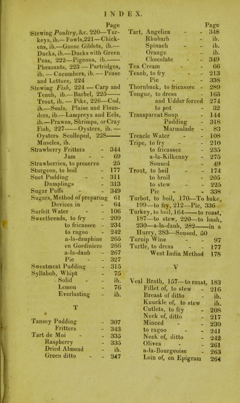 Page •Stewing Poultry, &c. 220—Tur- keys, ib.— Fowls,221 —Chick- efis, ib.—Goose Giblets, ib.— Ducks, ib.—Ducks with Green Peas, 222—Pigeons, ib. Pheasants, 223 — Partridges, ib. — Cucumbers, ib. — Pease and Lettuce, 224 Stewing Fish, 224 — Carp and Tench, ib.—Barbel, 225 Trout, ib. — Pike, 226—Cod, ib.—Soals, Plaise and Floun- ders, ib.—Lampreys and Eels, ib.—Prawns, Shrimps, orCrav Fish, 227 Oysters, ib. — Oysters Scolloped, 228 Muscles, ib. Strawberry Fritters - 344 Jam - - 69 Strawberries, to preserve 25 Sturgeon, to boil - 177 Suet Pudding - - 311 Dumplings - 313 Sugar Puffs - - 349 Sugars, Method of preparing 61 Devices in - 64 Surfeit Water - - 106 Sweetbreads, to fry - 209 to fricassee - 234 to ragoo - 242 a-la-dauphine 265 en Gordiniere 266 a-la-daub - 267 Pie - - 327 Sweetmeat Pudding - 315 Syllabub, Whipt - 75 - Solid - - ib. Lemon - 76 Everlasting - ib. T Tansey Pudding - 307 Fritters - 343 Tart de Moi - - 335 Raspberry - 335 Dried Almond - ib. Green ditto - - 347 Tart, Angelica Page 348 Rhubarb - ib. Spinach - ib. Orange - ib. Chocolate - 349 Tea Cream - 66 Tench, to fry - 213 Pie - 338 Thornback, to fricassee - 289 Tongue, to dress - 163 and Udder forced 274 to pot - 32 Transparent Soup - 144 Pudding - 318 Marmalade - 83 Treacle Water - 108 Tripe, to fry - 210 to fricassee - 235 a-la-Kilkenny - 275 Soused - 49 Trout, to boil - 174 to broil - 205 to stew - 225 Pie - 338 Turbot, to boil, 170— To bake. 199—to fry, 212—Pie, 336 Turkey, to boil, 164 to roast, 187—to stew, 220—to hash, 230—a-la-daub, 282 in a Hurry, 283—Soused, 50 Turnip Wine - - 97 Turtle, to dress - - 177 West India Method 178 V Veal Broth, 157—to roast, 183 Fillet of, to stew - 216 Breast of ditto - ib. Knuckle of, to stew ib. Cutlets, to fry - 208 Neck of, ditto - 217 Minced - _ 230 to ragoo - - 241 Neck of, ditto - 242 Olives - . 261 a-la-Bourgeoise , 263 Loin of, en Epigram 264