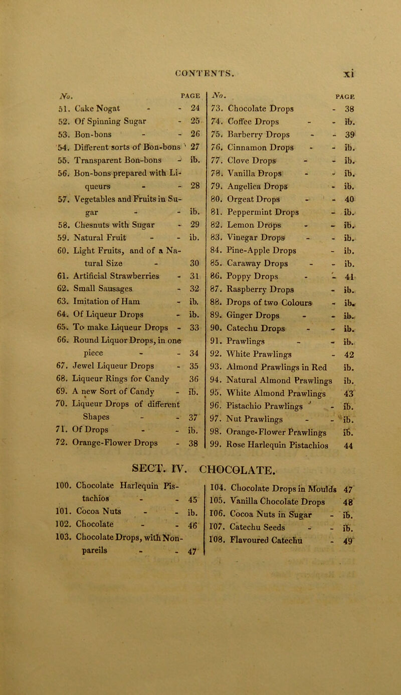 No. PAGE 51. Cake Nogat - - 24 52. Of Spinning Sugar - 25 53. Bon-bons - - 26 54. Different sorts of Bon-bons27 55. Transparent Bon-bons - ib. 56. Bon-bons prepared with Li- queurs - - 28 57. Vegetables and Fruits in Su- gar - - ib. 58. Chesnuts with Sugar - 29 59. Natural Fruit - - ib. 60. Light Fruits, and of a Na- tural Size - 30 61. Artificial Strawberries - 31 62. Small Sausages - 32 63. Imitation of Ham - ib. 64. Of Liqueur Drops - ib. 65. To make Liqueur Drops - 33 66. Round Liquor Drops, in one piece - - 34 67. Jewel Liqueur Drops - 35 68. Liqueur Rings for Candy 36 69. A new Sort of Candy - ib. 70. Liqueur Drops of different Shapes - - 37 71. Of Drops - - ib. 72. Orange-Flower Drops - 38 SECT. IV. 100. Chocolate Harlequin Pis- tachios - - 45 101. Cocoa Nuts - - ib. 102. Chocolate - - 46 103. Chocolate Drops, with Non- No. PAGE 73. Chocolate Drops - 38 74. Coffee Drops - - ib. 75. Barberry Drops - - 39 76. Cinnamon Drops - - ib. 77. Clove Drops - - ib. 78. Vanilla Drops - - ib. 79. Angelica Drops - ib. 80. Orgeat Drops - - 40 81. Peppermint Drops - ib. 82. Lemon Drops - - ib. 83. Vinegar Drops - - ib. 84. Pine-Apple Drops - ib. 85. Caraway Drops - - ib. 86. Poppy Drops - 41 87. Raspberry Drops - ib. 88. Drops of two Colours - ib. 89. Ginger Drops - - ib. 90. Catechu Drops - - ib. 91. Prawlings - - ib. 92. White Prawlings - 42 93. Almond Prawlings in Red ib. 94. Natural Almond Prawlings ib. 95. White Almond Prawlings 43 96. Pistachio Prawlings - ib. 97. Nut Prawlings - - ib. 98. Orange-Flower Prawlings ib. 99. Rose Harlequin Pistachios 44 CHOCOLATE. 104. Chocolate Drops in Moulds 47 105. Vanilla Chocolate Drops 48 106. Cocoa Nuts in Sugar - iB. 107. Catechu Seeds - - ib. 108. Flavoured Catechu - 49