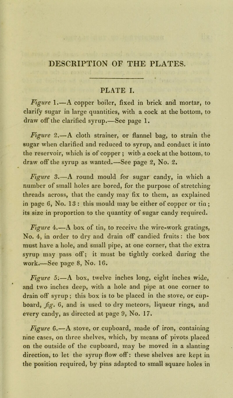 DESCRIPTION OF THE PLATES. PLATE I. Figure 1.—A copper boiler, fixed in brick and mortar, to clarify sugar in large quantities, with a cock at the bottom, to draw off the clarified syrup.—See page 1. Figure 2.—A cloth strainer, or flannel bag, to strain the sugar when clarified and reduced to syrup, and conduct it into the reservoir, which is of copper ; with a cock at the bottom, to draw off the syrup as wanted.—See page 2, No. 2. Figure 3.—A round mould for sugar candy, in which a number of small holes are bored, for the purpose of stretching- threads across, that the candy may fix to them, as explained in page 6, No. 13 : this mould may be either of copper or tin ; its size in proportion to the quantity of sugar candy required. Figure 4.—A box of tin, to receive the wire-work gratings, No. 4, in order to dry and drain off candied fruits: the box must have a hole, and small pipe, at one corner, that the extra syrup may pass off; it must be tightly corked during the work.—See page 8, No, 16. Figure 5:—A box, twelve inches long, eight inches wide, and two inches deep, with a hole and pipe at one corner to drain off syrup; this box is to be placed in the stove, or cup- board, Jig. 6, and is used to dry meteors, liqueur rings, and every candy, as directed at page 9, No. 17. Figure 6.—A stove, or cupboard, made of iron, containing nine cases, on three shelves, which, by means of pivots placed on the outside of the cupboard, may be moved in a slanting direction, to let the syrup flow off: these shelves are kept in the position required, by pins adapted to small square holes in