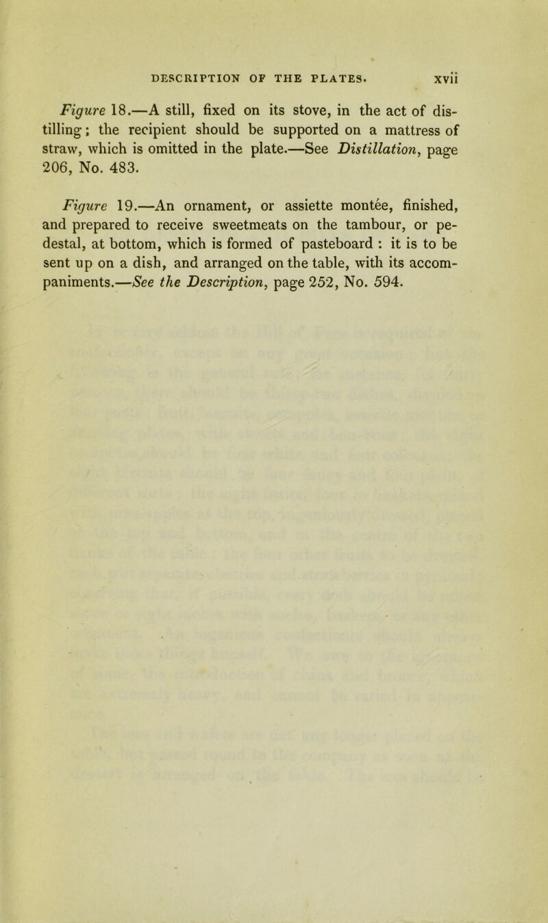 Figure 18.—A still, fixed on its stove, in the act of dis- tilling ; the recipient should be supported on a mattress of straw, which is omitted in the plate.—See Distillation, page 206, No. 483. Figure 19.—An ornament, or assiette montee, finished, and prepared to receive sweetmeats on the tambour, or pe- destal, at bottom, which is formed of pasteboard : it is to be sent up on a dish, and arranged on the table, with its accom- paniments.—See the Description, page 252, No. 594.