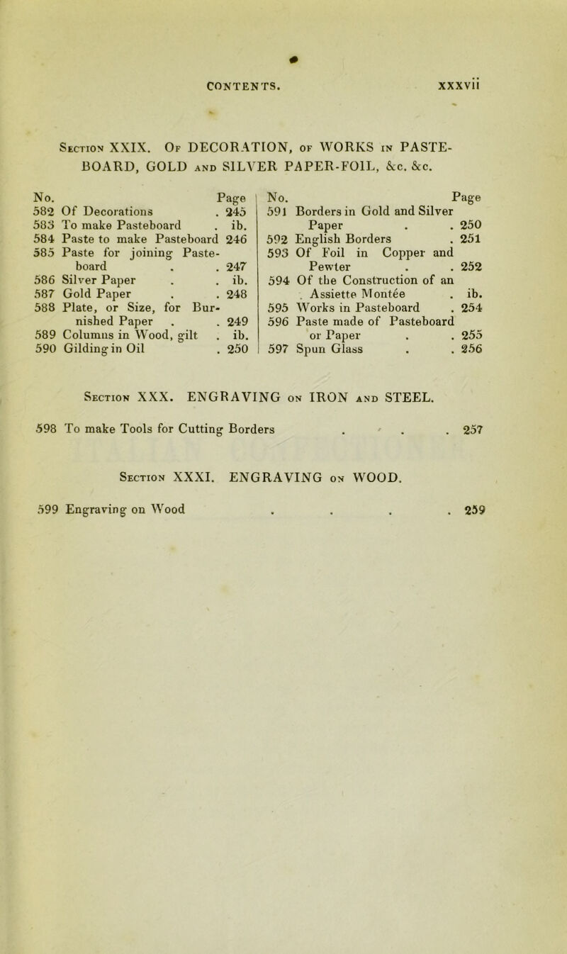 Section XXIX. Of DECORATION, of WORKS in PASTE- BOARD, GOLD and SILVER PAPER-FOIL, &c. &c. No. Page 582 Of Decorations . 245 583 To make Pasteboard . ib. 584 Paste to make Pasteboard 246 585 Paste for joining Paste- board . . 247 586 Silver Paper . . ib. 587 Gold Paper . . 248 588 Plate, or Size, for Bur- nished Paper . . 249 589 Columns in Wood, gilt . ib. 590 Gilding in Oil . 250 I No. Page 591 Borders in Gold and Silver Paper . . 250 592 English Borders . 251 593 Of Foil in Copper and Pewter . . 252 594 Of the Construction of an . Assiette Montee . ib. 595 Works in Pasteboard . 254 596 Paste made of Pasteboard or Paper . . 255 I 597 Spun Glass . . 256 Section XXX. ENGRAVING on IRON and STEEL. 598 To make Tools for Cutting Borders . ' . 257 Section XXXI. ENGRAVING on WOOD. 599 Engraving on Wood . 259