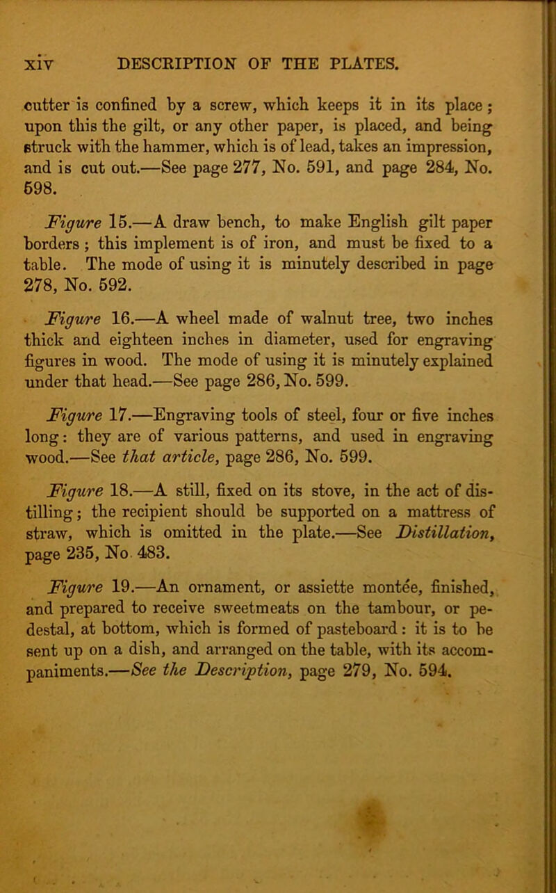 cutter 13 confined by a screw, which keeps it in its place; upon this the gilt, or any other paper, is placed, and being struck with the hammer, which is of lead, takes an impression, and is cut out.—See page 277, No. 591, and page 284, No. 698. Figure 15.—A draw bench, to make English gilt paper borders; this implement is of iron, and must be fixed to a table. The mode of using it is minutely described in page 278, No. 592. Figure 16.—A wheel made of walnut tree, two inches thick and eighteen inches in diameter, used for engraving figures in wood. The mode of using it is minutely explained under that head.—See page 286, No. 599. Figure 17.—Engraving tools of steel, four or five inches long: they are of various patterns, and used in engraving wood.—See that article, page 286, No. 599. Figure 18.—A still, fixed on its stove, in the act of dis- tilling ; the recipient should be supported on a mattress of straw, which is omitted in the plate.—See Distillation, page 235, No 483. Figure 19.—An ornament, or assiette montee, finished, and prepared to receive sweetmeats on the tambour, or pe- destal, at bottom, which is formed of pasteboard: it is to be sent up on a dish, and arranged on the table, with its accom- paniments.—See the Description, page 279, No. 594.