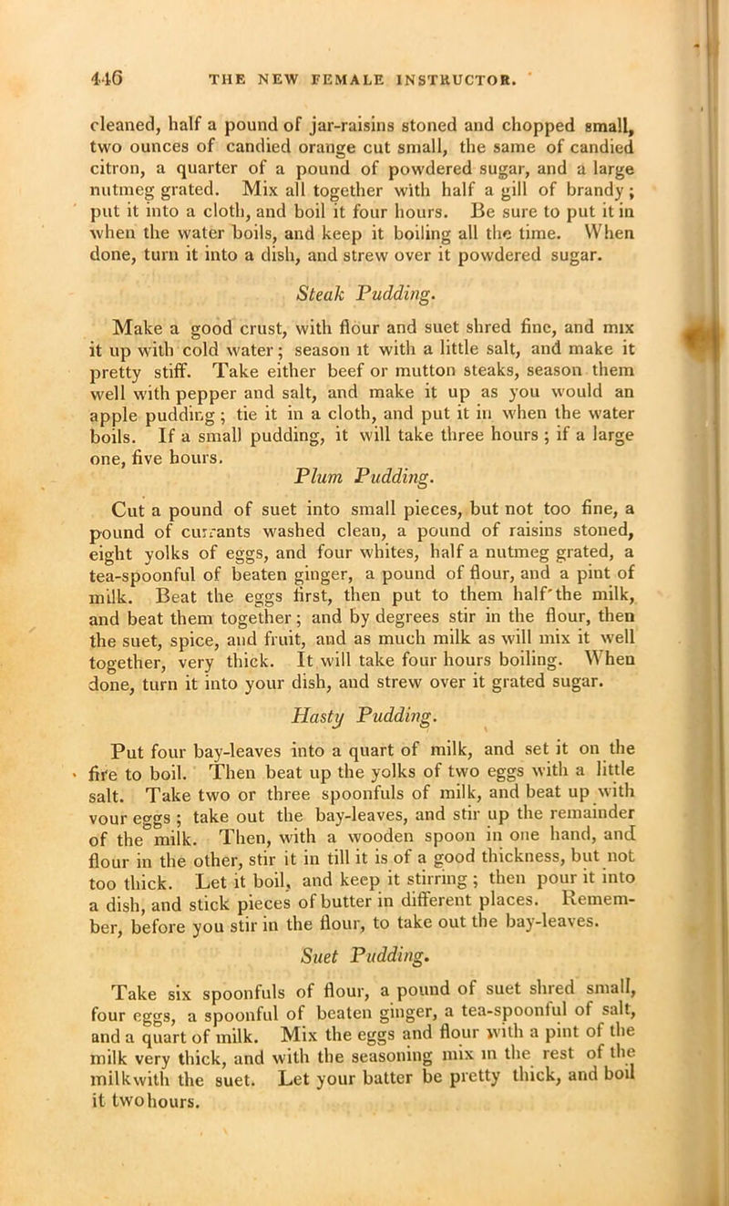 cleaned, half a pound of jar-raisins stoned and chopped small, two ounces of candied orange cut small, the same of candied citron, a quarter of a pound of powdered sugar, and a large nutmeg grated. Mix all together with half a gill of brandy; put it into a cloth, and boil it four hours. Be sure to put it in when the water boils, and keep it boiling all the time. When done, turn it into a dish, and strew over it powdered sugar. Steak Pudding. Make a good crust, with flour and suet shred fine, and mix it up with cold water; season it with a little salt, and make it pretty stiff. Take either beef or mutton steaks, season them well with pepper and salt, and make it up as you would an apple pudding; tie it in a cloth, and put it in when the water boils. If a small pudding, it will take three hours ; if a large one, five hours. Plum Pudding. Cut a pound of suet into small pieces, but not too fine, a pound of currants washed clean, a pound of raisins stoned, eight yolks of eggs, and four whites, half a nutmeg grated, a tea-spoonful of beaten ginger, a pound of flour, and a pint of milk. Beat the eggs first, then put to them half'the milk, and beat them together; and by degrees stir in the flour, then the suet, spice, and fruit, and as much milk as will mix it well together, very thick. It will take four hours boiling. When done, turn it into your dish, and strew over it grated sugar. Hasty Pudding. Put four bay-leaves into a quart of milk, and set it on the > fire to boil. Then beat up the yolks of two eggs with a little salt. Take two or three spoonfuls of milk, and beat up with vour etygs ; take out the bay-leaves, and stir up the remainder of the milk. Then, w'ith a wooden spoon in one hand, and flour in the other, stir it in till it is of a good thickness, but not too thick. Let it boil, and keep it stirring ; then pour it into a dish, and stick pieces of butter in different places. Remem- ber, before you stir in the flour, to take out the bay-leaves. Suet Pudding. Take six spoonfuls of flour, a pound of suet shied small, four eggs, a spoonful of beaten ginger, a tea-spoonful of salt, and a quart of milk. Mix the eggs and flour with a pint of the milk very thick, and with the seasoning mix in the rest of the milkwith the suet. Let your batter be pretty thick, and boil it two hours.