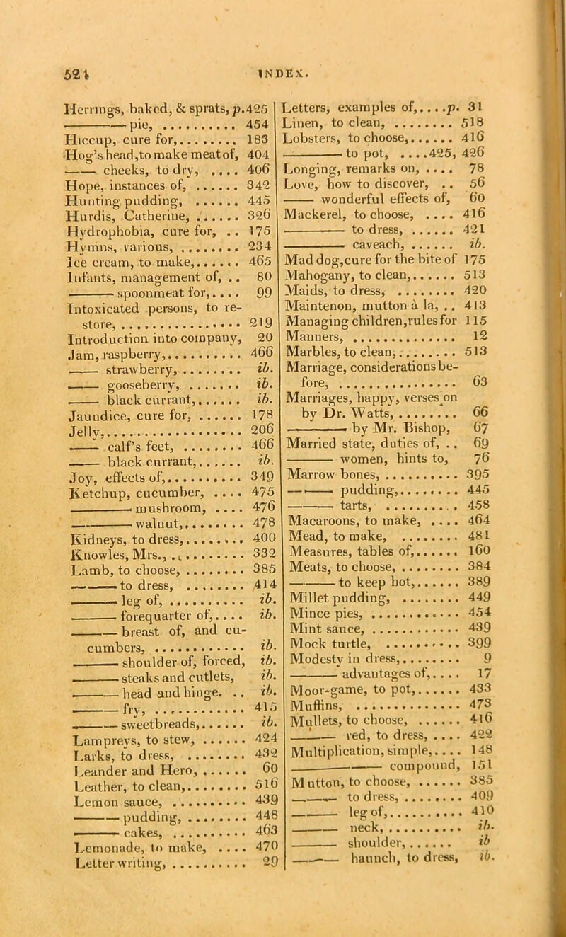 Herrings, baked, & sprats, p.425 pie 454 Hiccup, cure for,........ 183 -Hog’s hejid,tomake meatof, 404 cheeks, to dry, .... 406 Hope, instances of, 342 Plunting pudding, 445 Hurdis, Catherine, 326 Flydrophobia, cure for, .. 175 Hymns, various, 234 Ice cream, to make,...... 465 Infants, management of, .. 80 spoonmeat for,.... 99 Intoxicated persons, to re- store, 219 Introduction into company, 20 Jam, raspberry, 466 strawberry, il>. ,—— gooseberry, ib. blackcurrant, ib. Jaundice, cure for, 178 Jelly, 206 calf’s feet, 466 black currant, ib. Joy, effects of, 349 Ketchup, cucumber, .... 475 — mushroom, .... 476 — walnut,. 478 Kidneys, to dress,........ 400 Knowles, Mrs., 532 Lamb, to choose, 385 ■ to dress, 414 — leg of, ib. forequarter of,.... ib. breast of, and cu- cumbers, ib. shoulder of, forced, ib. steaks and cutlets, ib. head and hinge. .. ib. fry, 415 . ■—sweetbreads, ib. Lampreys, to stew, 424 Larks, to dress, 432 Leander and Hero, 60 Leather, to clean, 5l6 Lemon sauce, 439 pudding, 448 ■ cakes, 463 Lemonade, to make, .... 470 Letter writing, 29 Letters, examples of,31 Linen, to clean, 518 Lobsters, to choose, 416 to pot, ... .425, 426 Longing, remarks on, .... 78 Love, how to discover, .. 56 wonderful effects of, 60 Mackerel, to choose, .... 4l6 to dress, 421 caveach, ib. Maddog,cureforthe biteof 175 Mahogany, to clean, 513 Maids, to dress, 420 Maintenon, mutton a la, ., 413 Managing children,rules for 115 Manners, 12 Marbles, to clean 513 Marriage, considerations be- fore, 63 Marriages, happy, verses on by Dr. Watts, . 66 ———— by Mr. Bishop, 67 Married state, duties of, .. 69 women, hints to, 76 Marrow bones, 395 — I pudding,........ 445 tarts, 458 Macaroons, to make, .... 464 Mead, to make, 481 Measures, tables of, 160 Meats, to choose, 384 to keep hot, 389 Millet pudding, 449 Mince pies, 454 Mint sauce, 439 Mock turtle, 399 Modesty in dress, 9 advantages of,.... 17 Moor-game, to pot 433 Muffins, 473 Mullets, to choose, 416 I red, to dress, .... 422 Multiplication, simple,.... 148 M utton, to choose, 385 to dress, 409 leg of, 410 neck, ib. shoulder, ib haunch, to dress, ib.